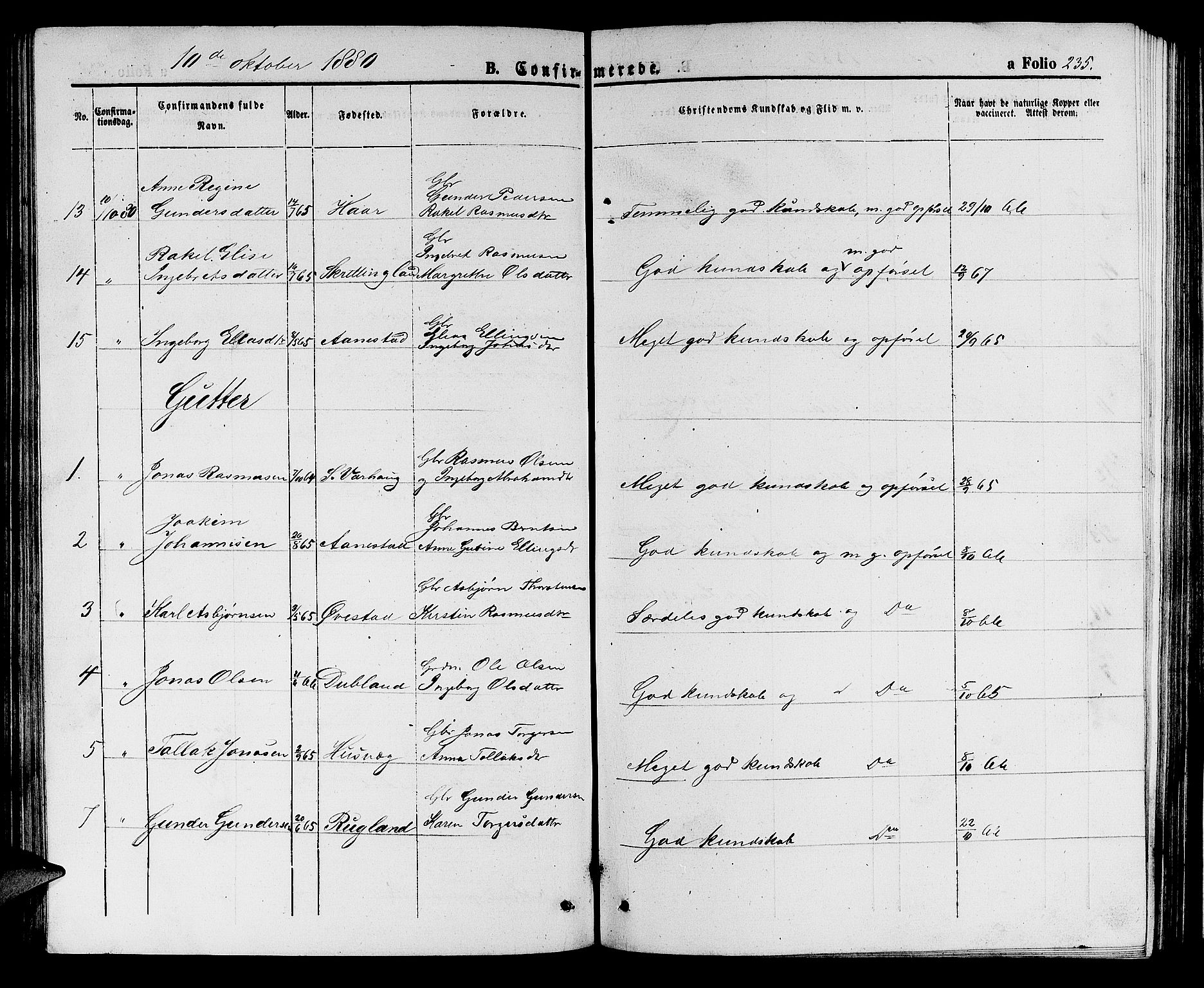Hå sokneprestkontor, AV/SAST-A-101801/001/30BB/L0002: Klokkerbok nr. B 2, 1854-1883, s. 235