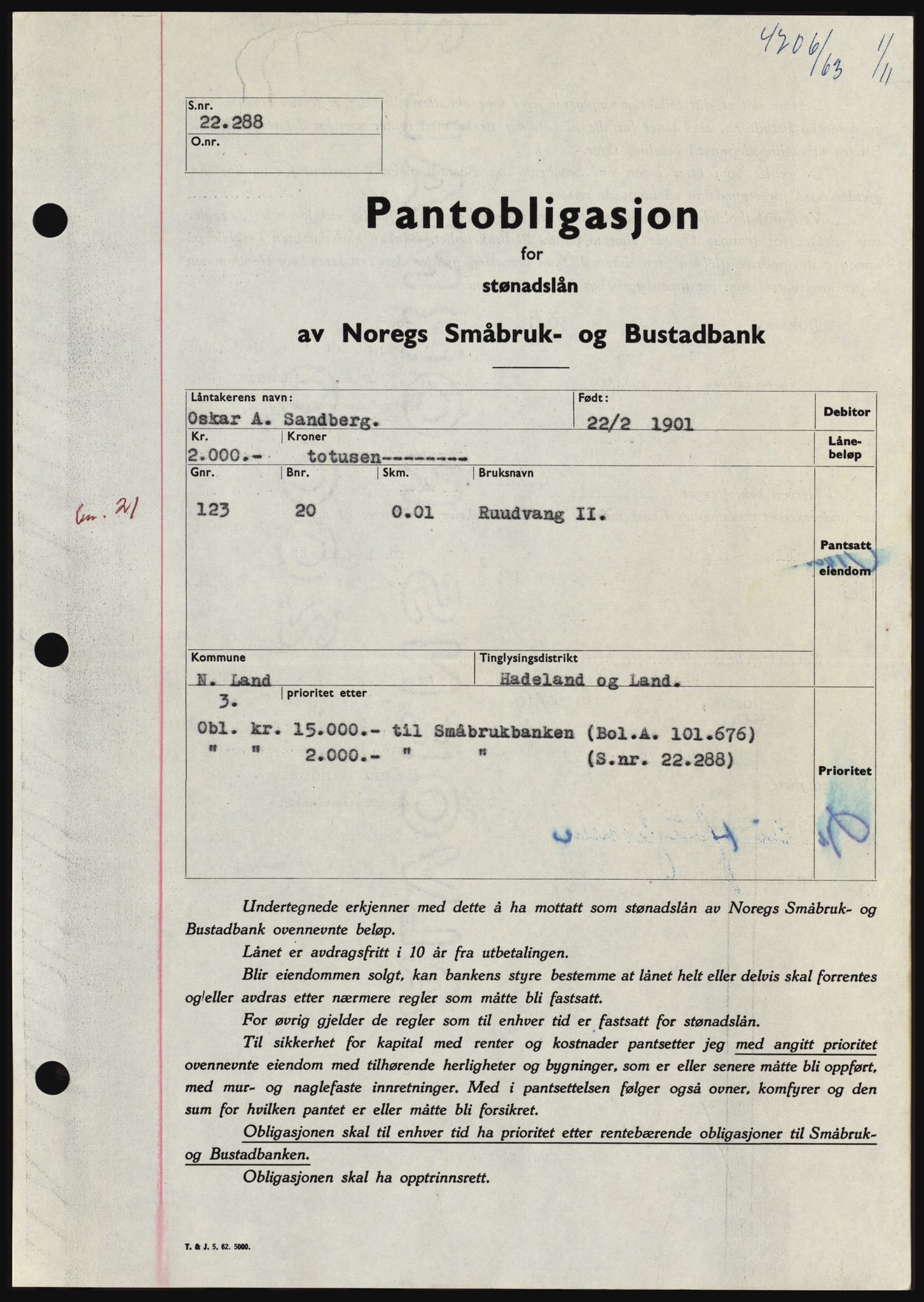 Hadeland og Land tingrett, SAH/TING-010/H/Hb/Hbc/L0053: Pantebok nr. B53, 1963-1964, Dagboknr: 4706/1963