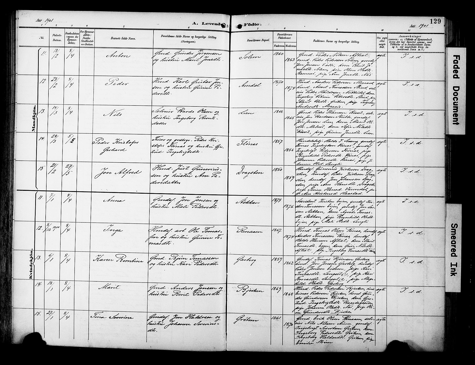 Ministerialprotokoller, klokkerbøker og fødselsregistre - Sør-Trøndelag, SAT/A-1456/695/L1149: Ministerialbok nr. 695A09, 1891-1902, s. 129