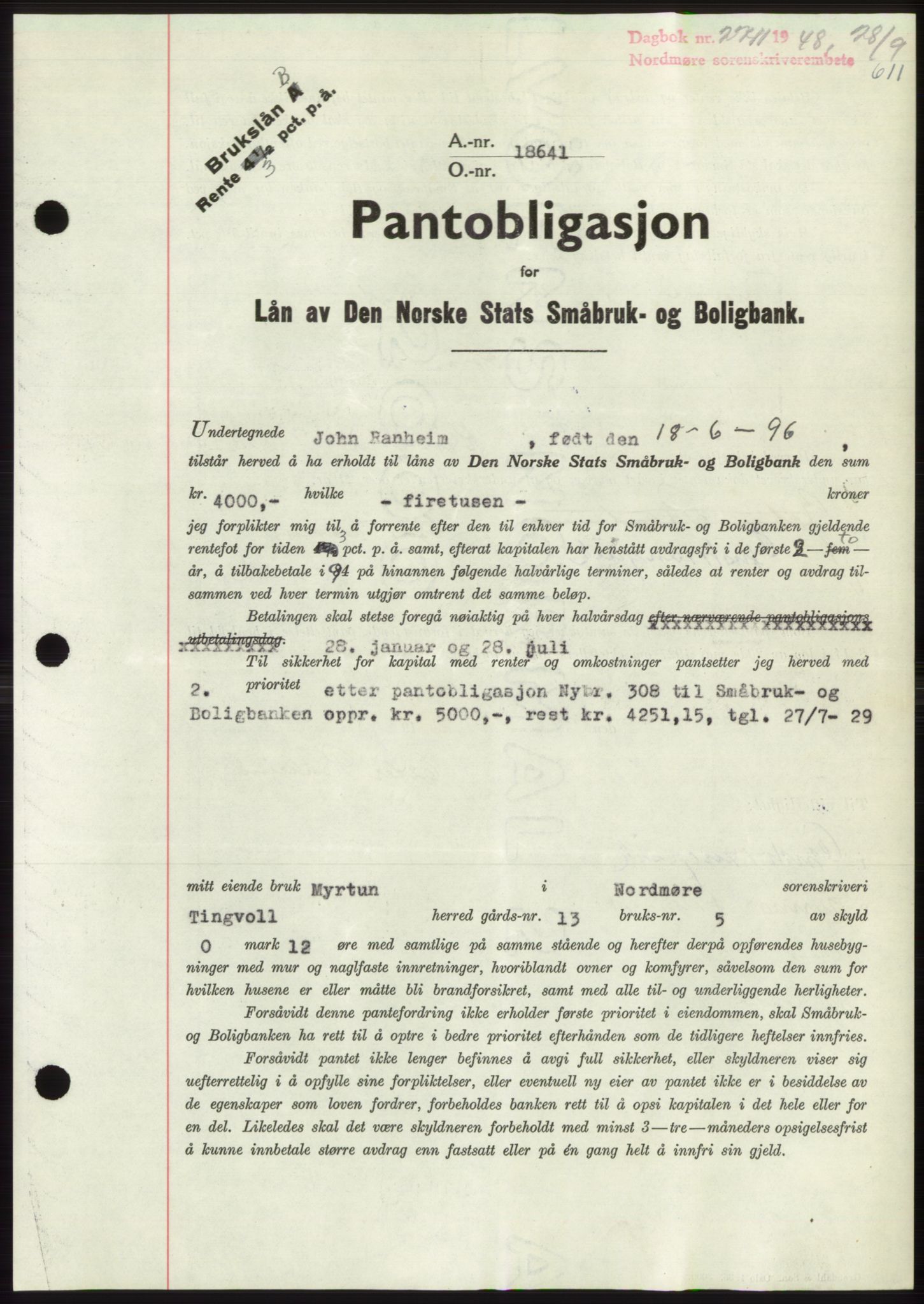 Nordmøre sorenskriveri, SAT/A-4132/1/2/2Ca: Pantebok nr. B99, 1948-1948, Dagboknr: 2711/1948