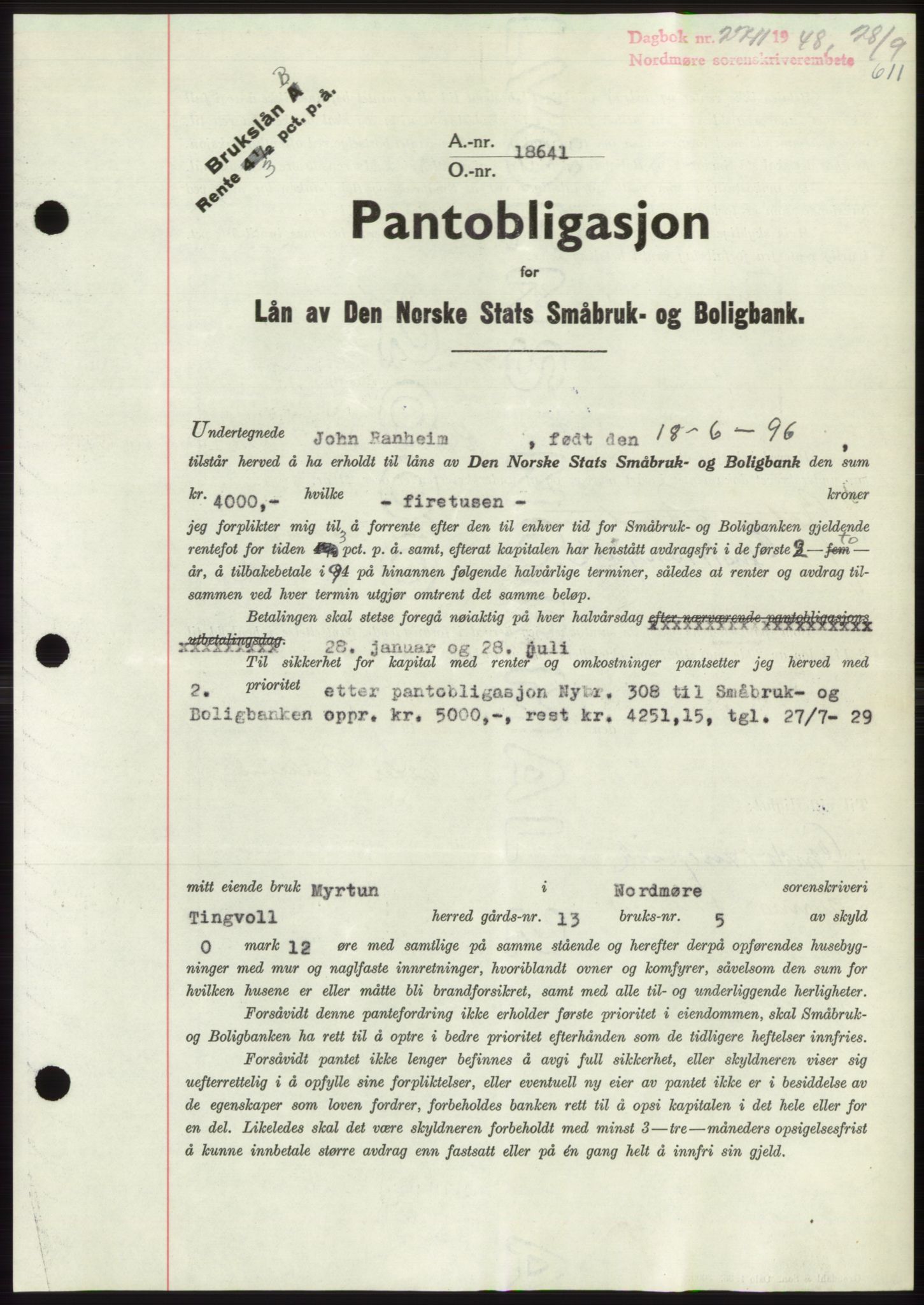 Nordmøre sorenskriveri, AV/SAT-A-4132/1/2/2Ca: Pantebok nr. B99, 1948-1948, Dagboknr: 2711/1948