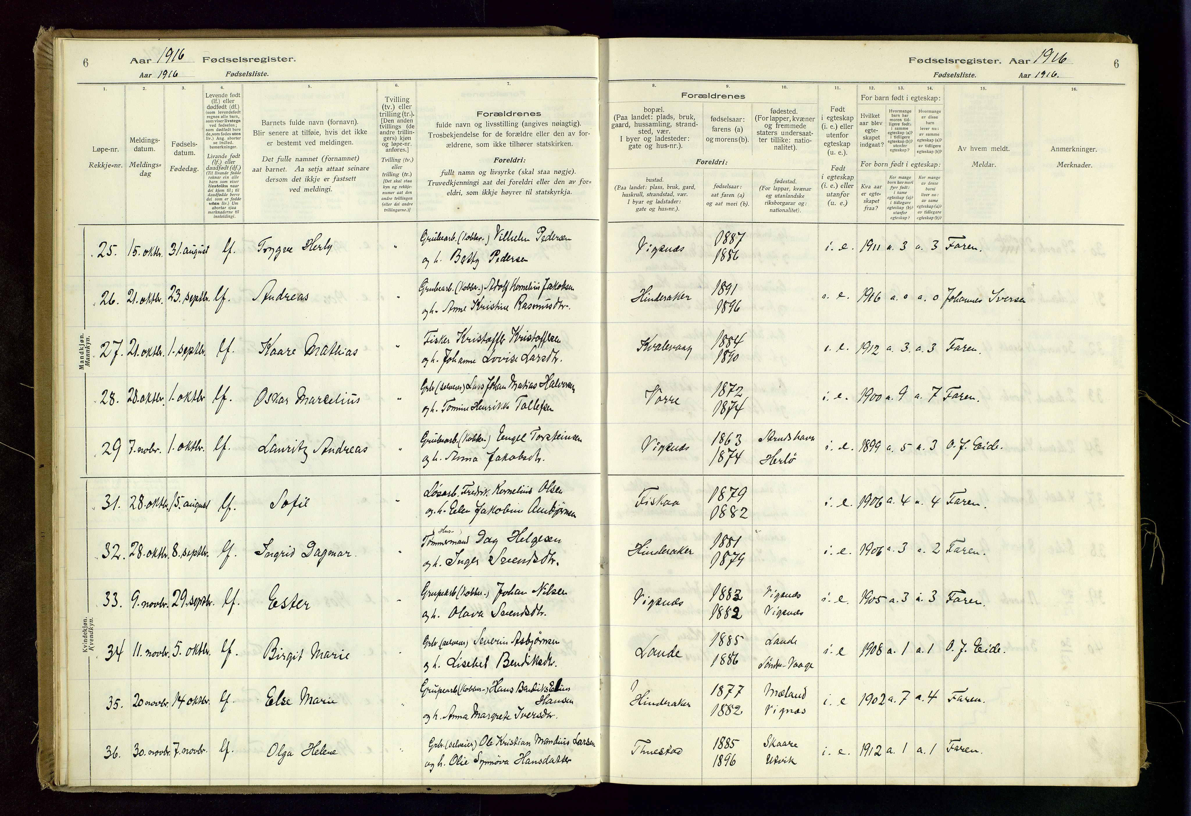 Avaldsnes sokneprestkontor, SAST/A -101851/I/Id/L0001: Fødselsregister nr. 1, 1916-1946, s. 6
