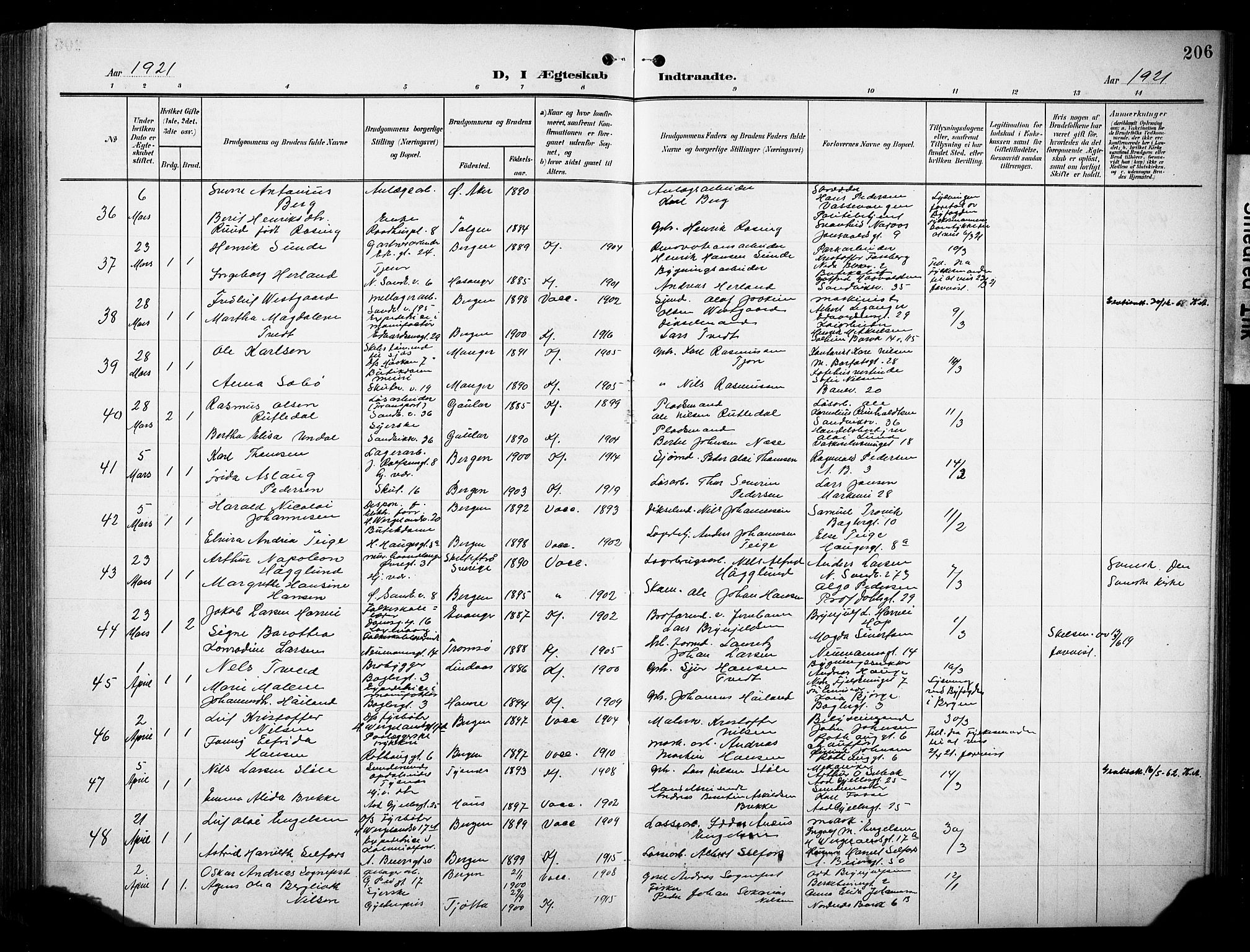 Sandviken Sokneprestembete, AV/SAB-A-77601/H/Hb/L0014: Klokkerbok nr. D 1, 1902-1929, s. 206