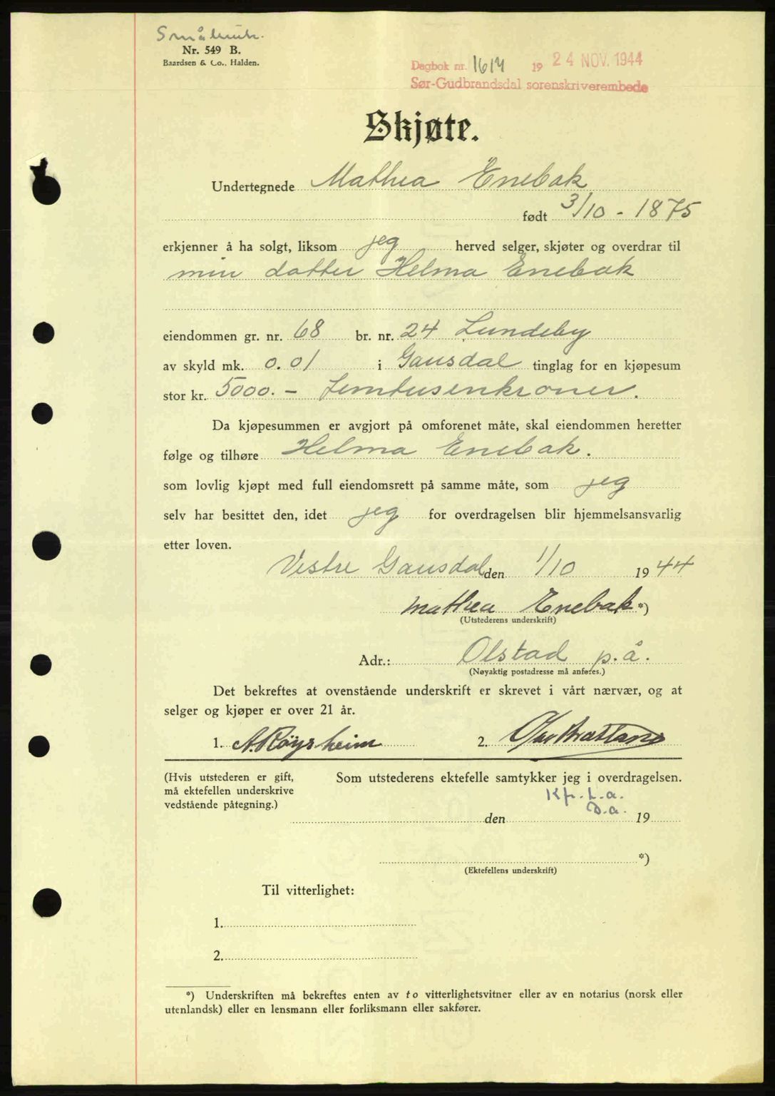 Sør-Gudbrandsdal tingrett, SAH/TING-004/H/Hb/Hbd/L0014: Pantebok nr. A14, 1944-1945, Dagboknr: 1617/1944