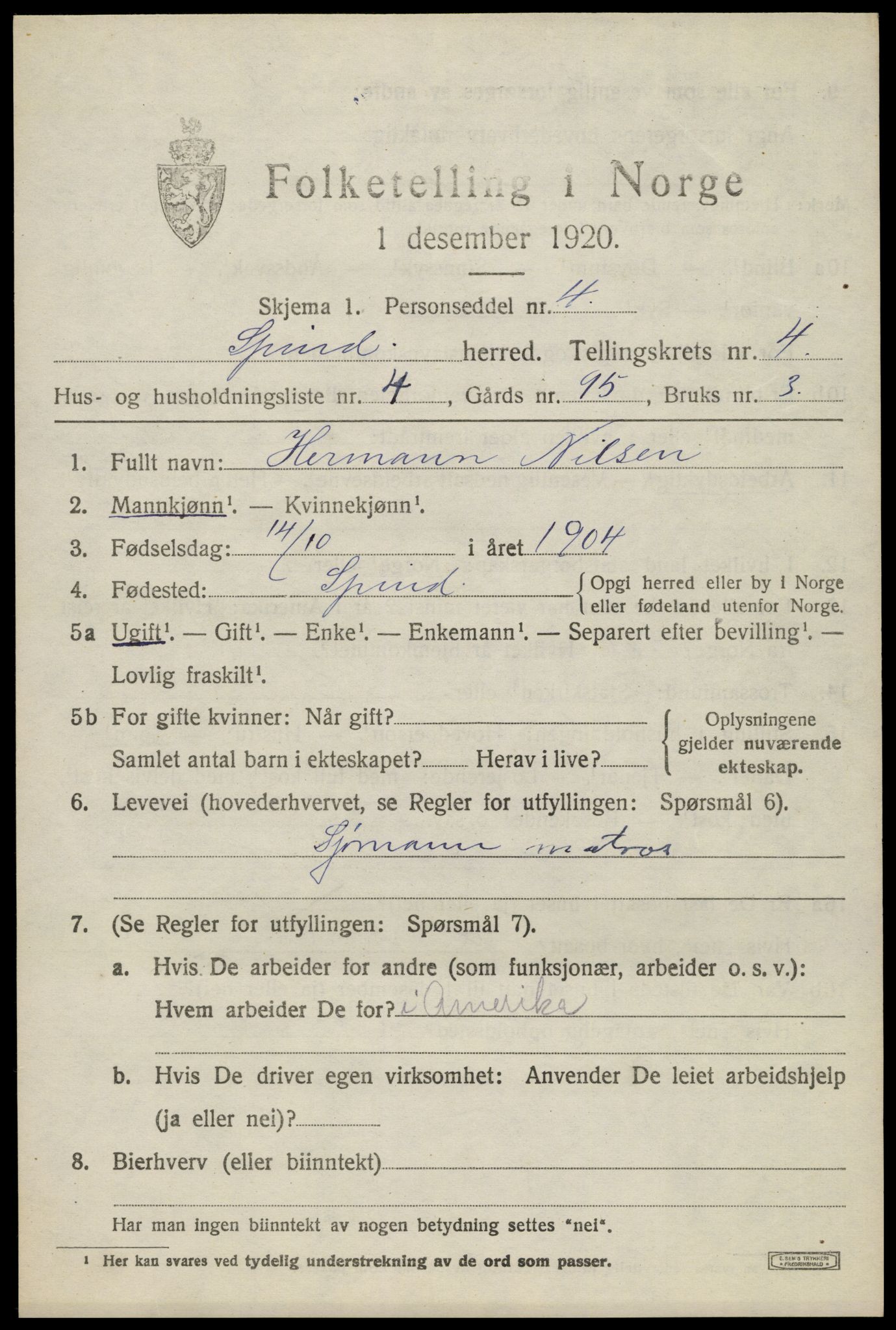 SAK, Folketelling 1920 for 1040 Spind herred, 1920, s. 2213
