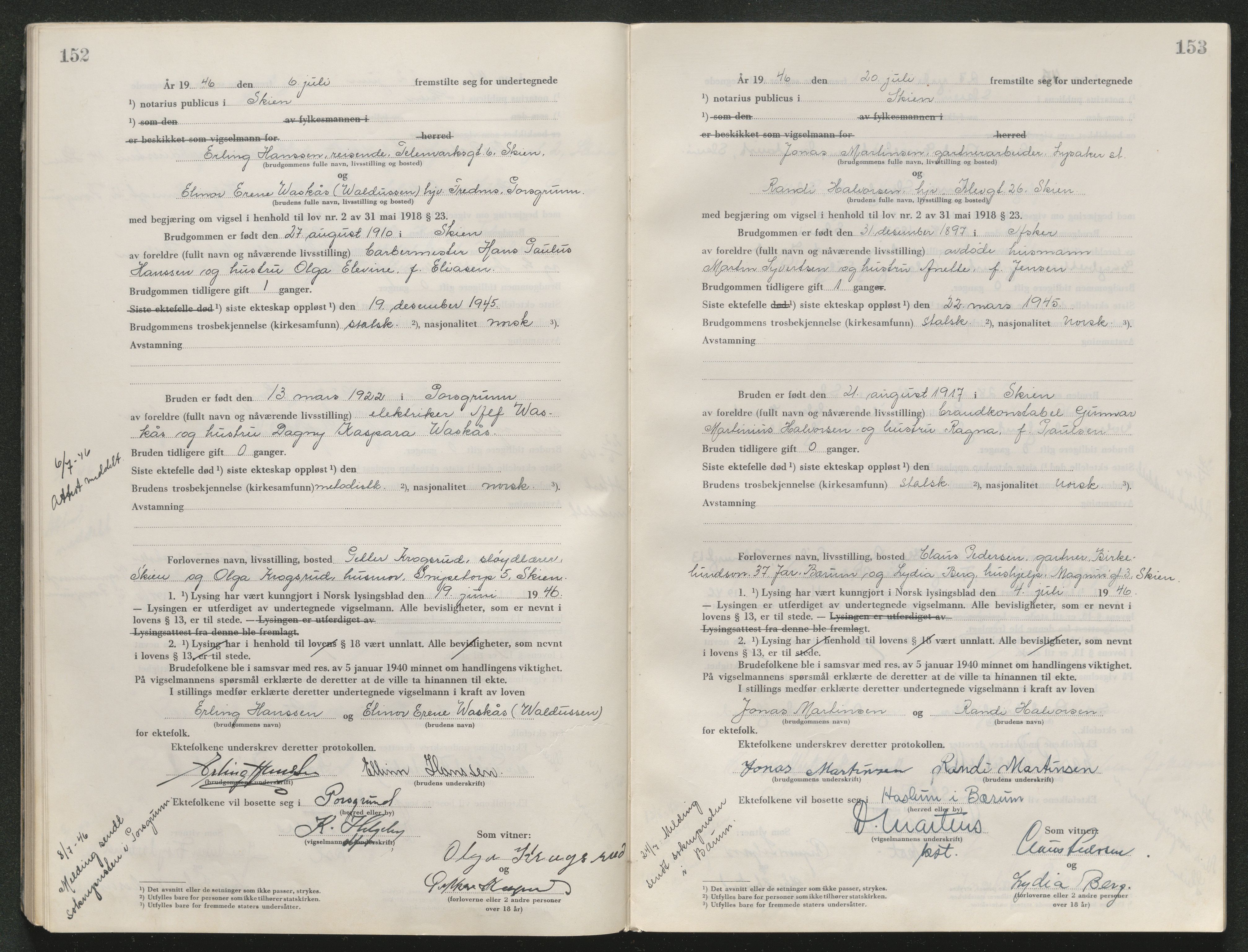 Skien sorenskriveri, AV/SAKO-A-225/L/La/L0001: Vigselsprotokoll, 1920-1947, s. 152-153