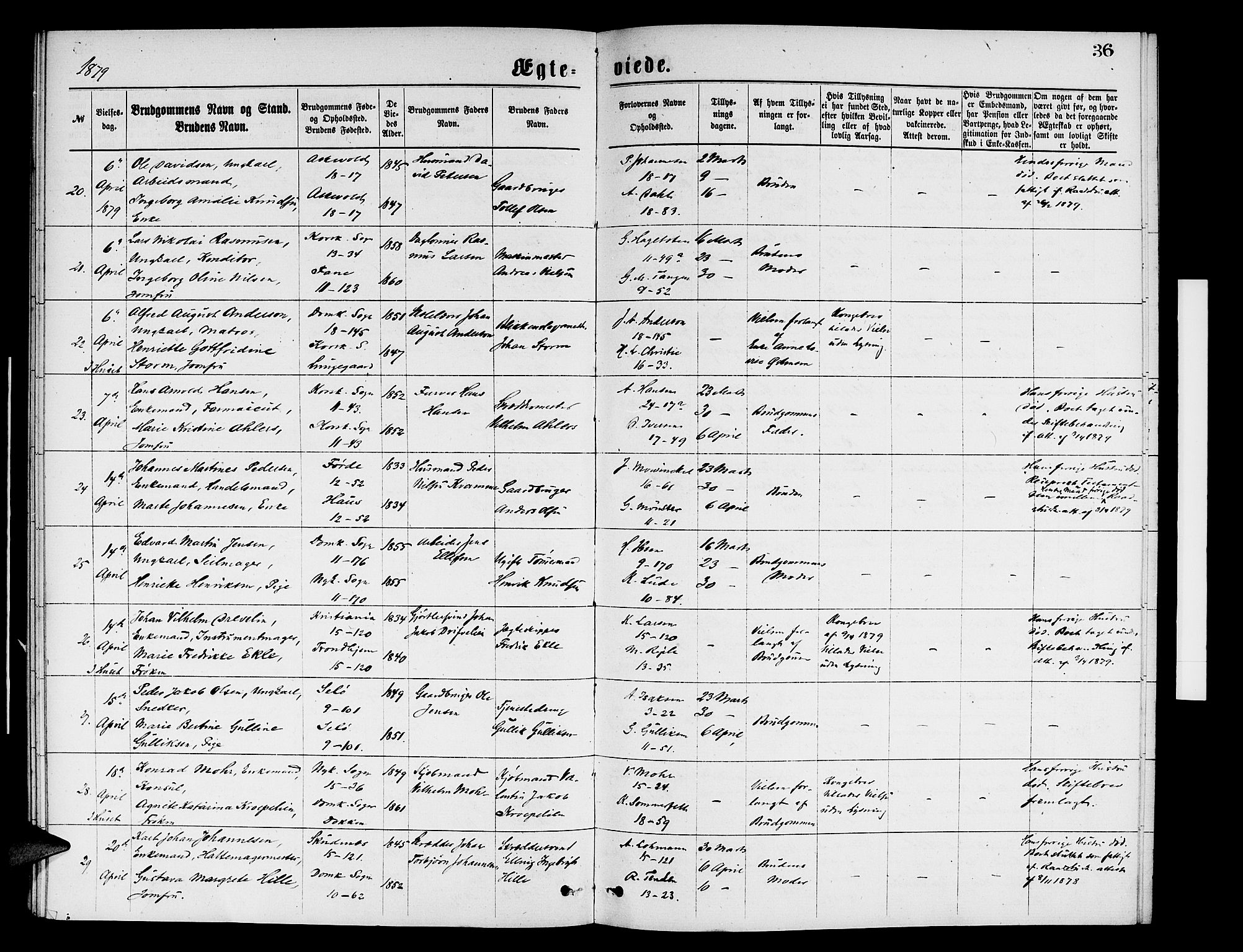 Domkirken sokneprestembete, AV/SAB-A-74801/H/Hab/L0031: Klokkerbok nr. D 3, 1877-1880, s. 36