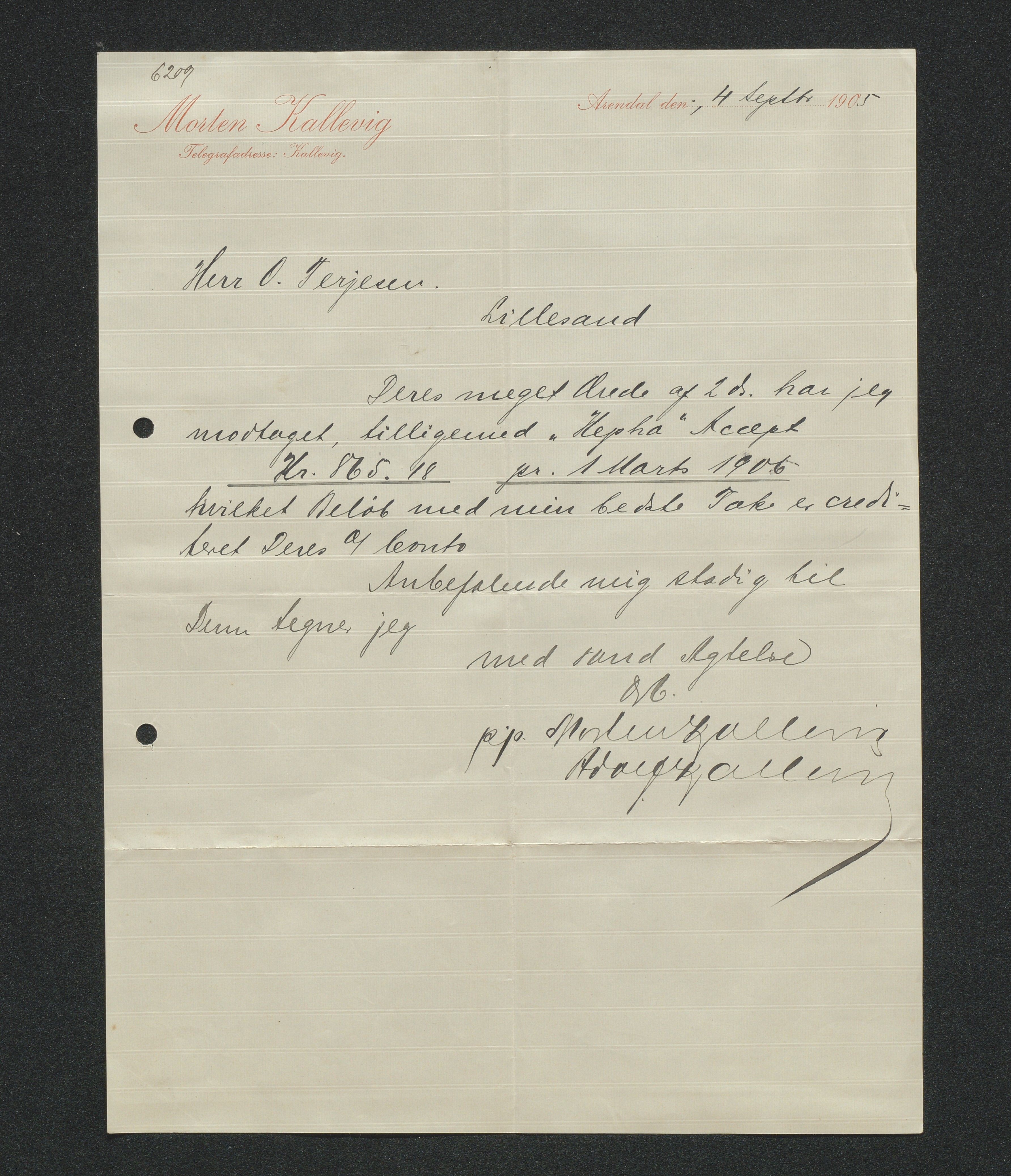 O. Terjesens rederi, AAKS/PA-2525/E/E01/L0013: Korrespondanse, 1904-1905