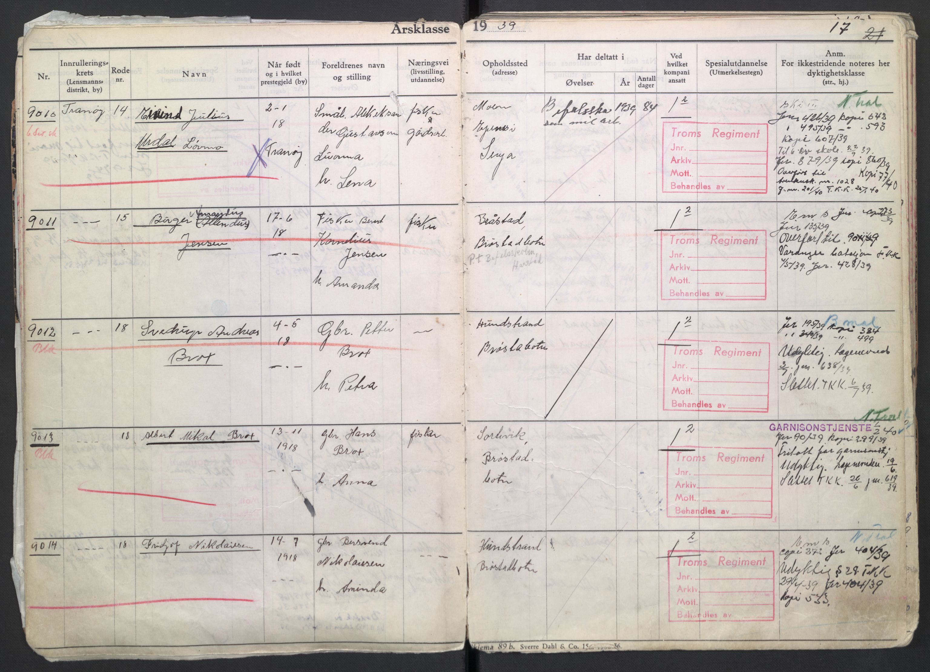 Forsvaret, Troms infanteriregiment nr. 16, AV/RA-RAFA-3146/P/Pa/L0007/0004: Ruller / Rulle for regimentets menige mannskaper, årsklasse 1939, 1939, s. 17