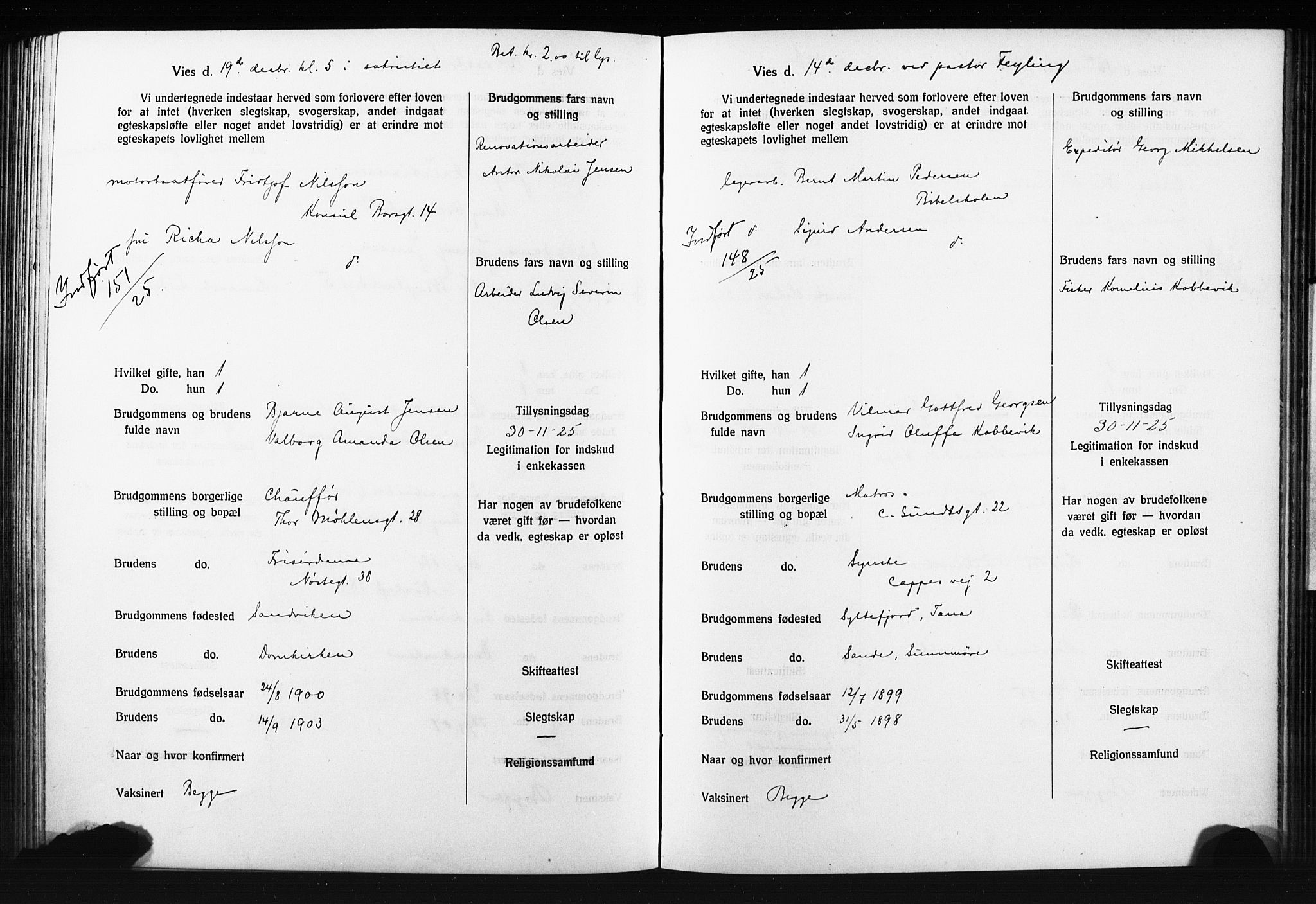 Domkirken sokneprestembete, AV/SAB-A-74801: Forlovererklæringer nr. II.5.14, 1922-1927, s. 252