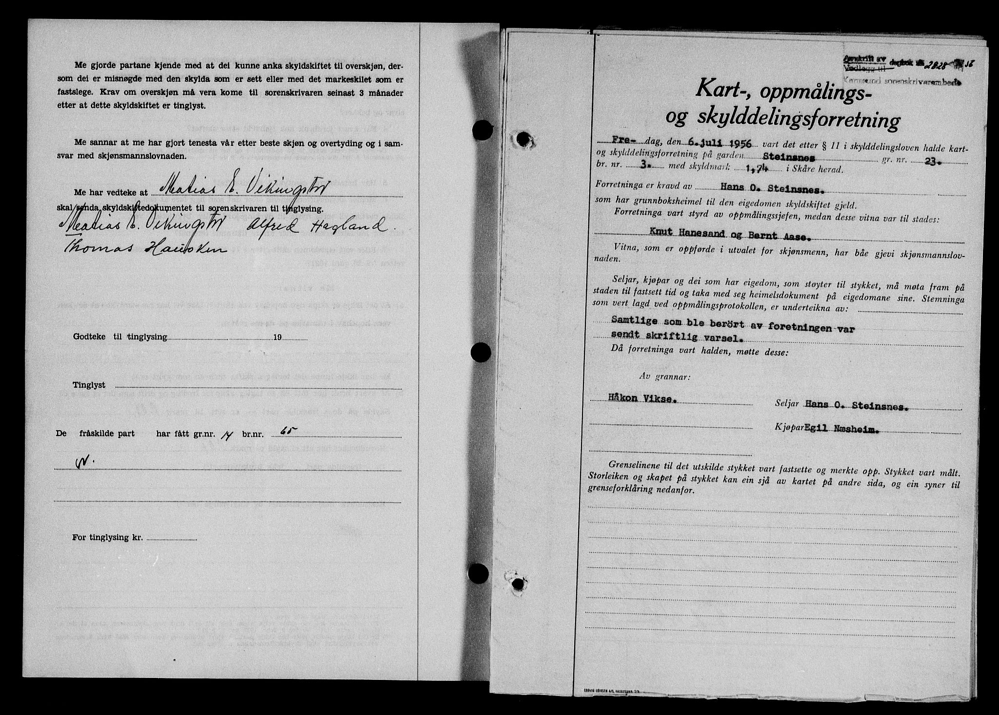 Karmsund sorenskriveri, SAST/A-100311/01/II/IIB/L0121: Pantebok nr. 101A, 1956-1956, Dagboknr: 2828/1956