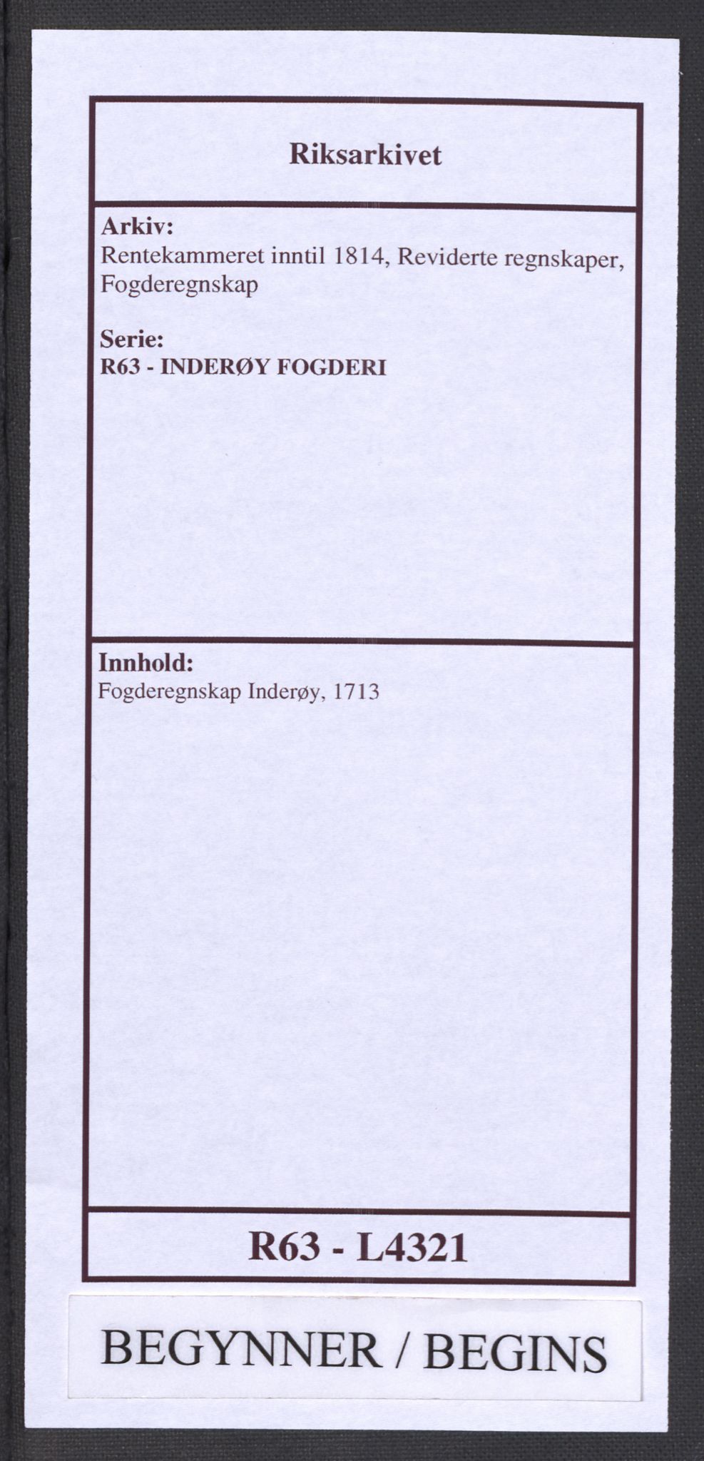 Rentekammeret inntil 1814, Reviderte regnskaper, Fogderegnskap, RA/EA-4092/R63/L4321: Fogderegnskap Inderøy, 1713, s. 1