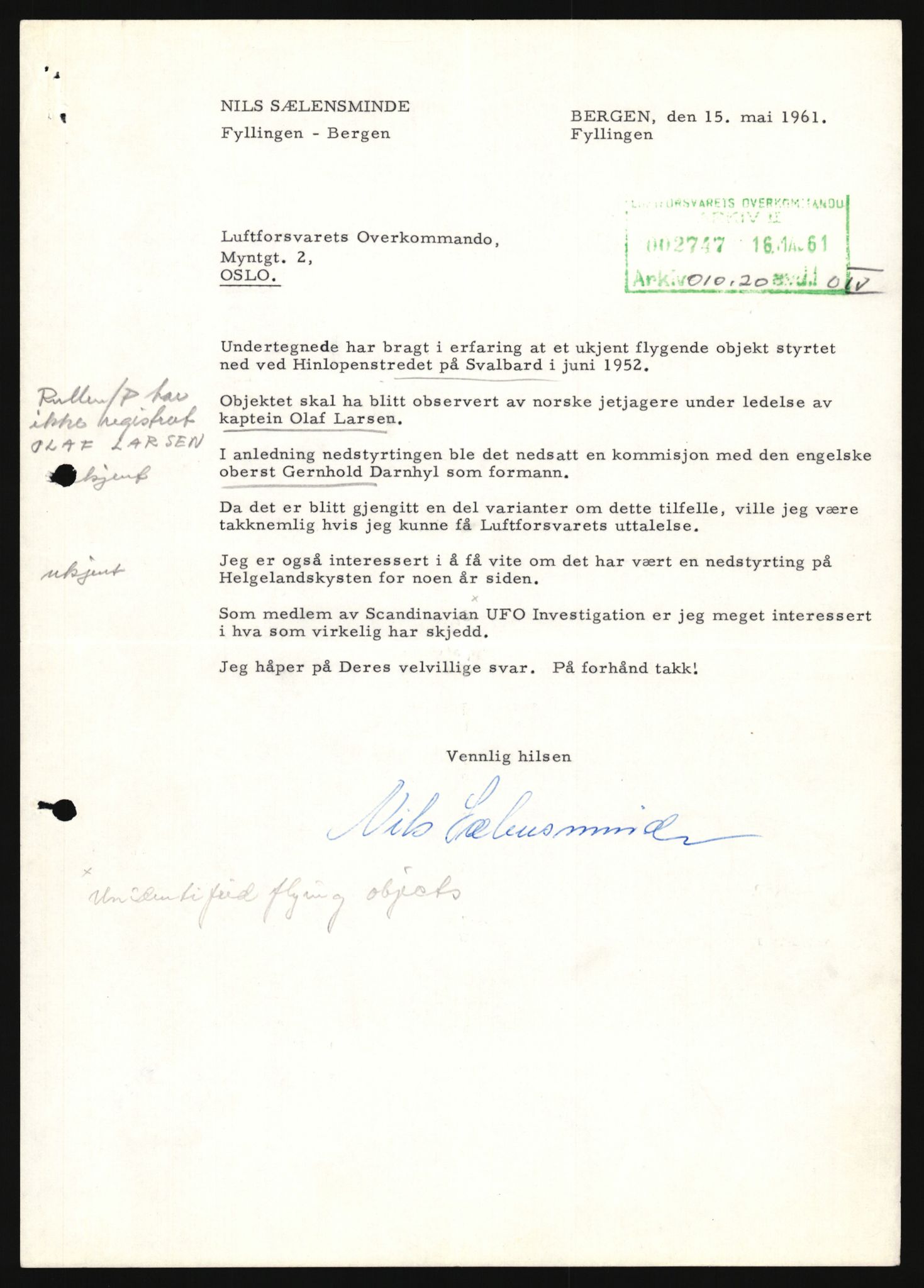 Forsvaret, Luftforsvarets overkommando/Luftforsvarsstaben, AV/RA-RAFA-2246/1/D/Da/L0124/0001: -- / UFO OVER NORSK TERRITORIUM, 1954-1970, s. 277