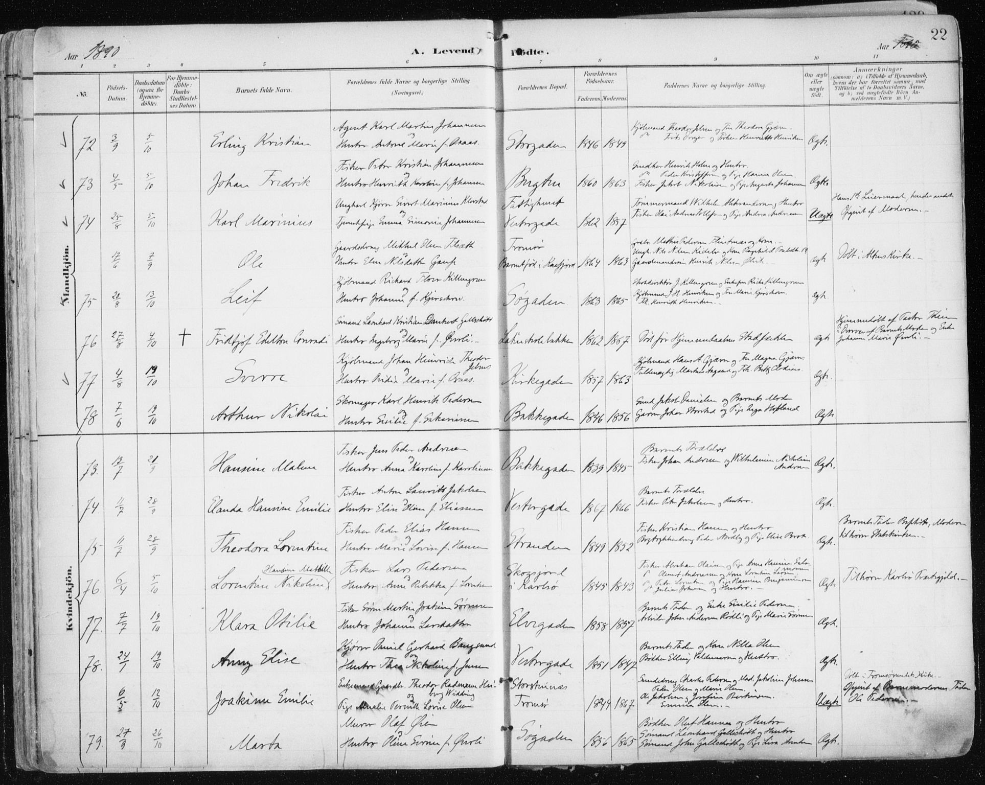 Tromsø sokneprestkontor/stiftsprosti/domprosti, AV/SATØ-S-1343/G/Ga/L0015kirke: Ministerialbok nr. 15, 1889-1899, s. 22