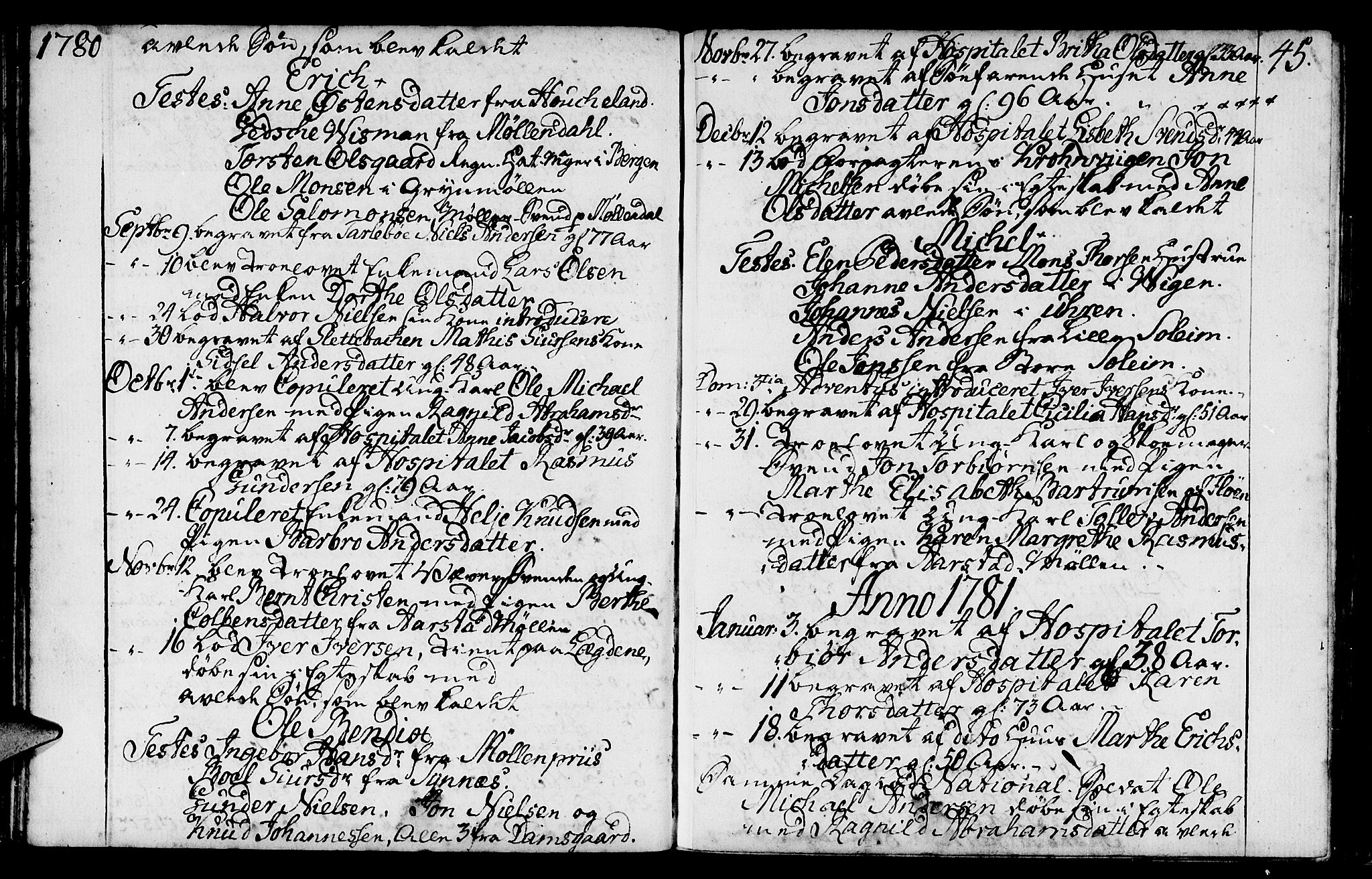 St. Jørgens hospital og Årstad sokneprestembete, AV/SAB-A-99934: Ministerialbok nr. A 2, 1766-1814, s. 45