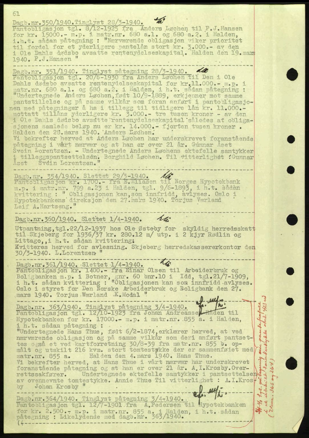 Idd og Marker sorenskriveri, AV/SAO-A-10283/G/Gb/Gbc/L0002: Pantebok nr. B4-9a, 1939-1945, Dagboknr: 350/1940