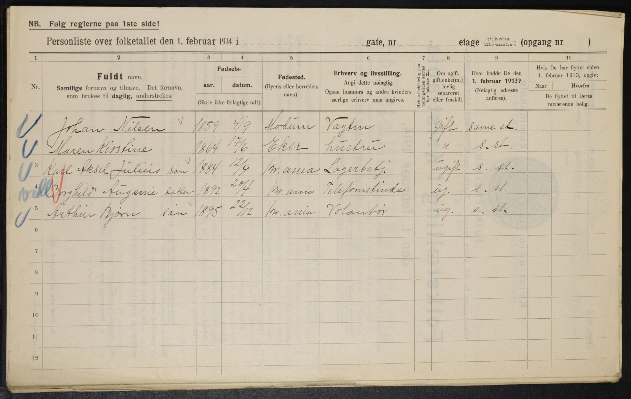 OBA, Kommunal folketelling 1.2.1914 for Kristiania, 1914, s. 68398