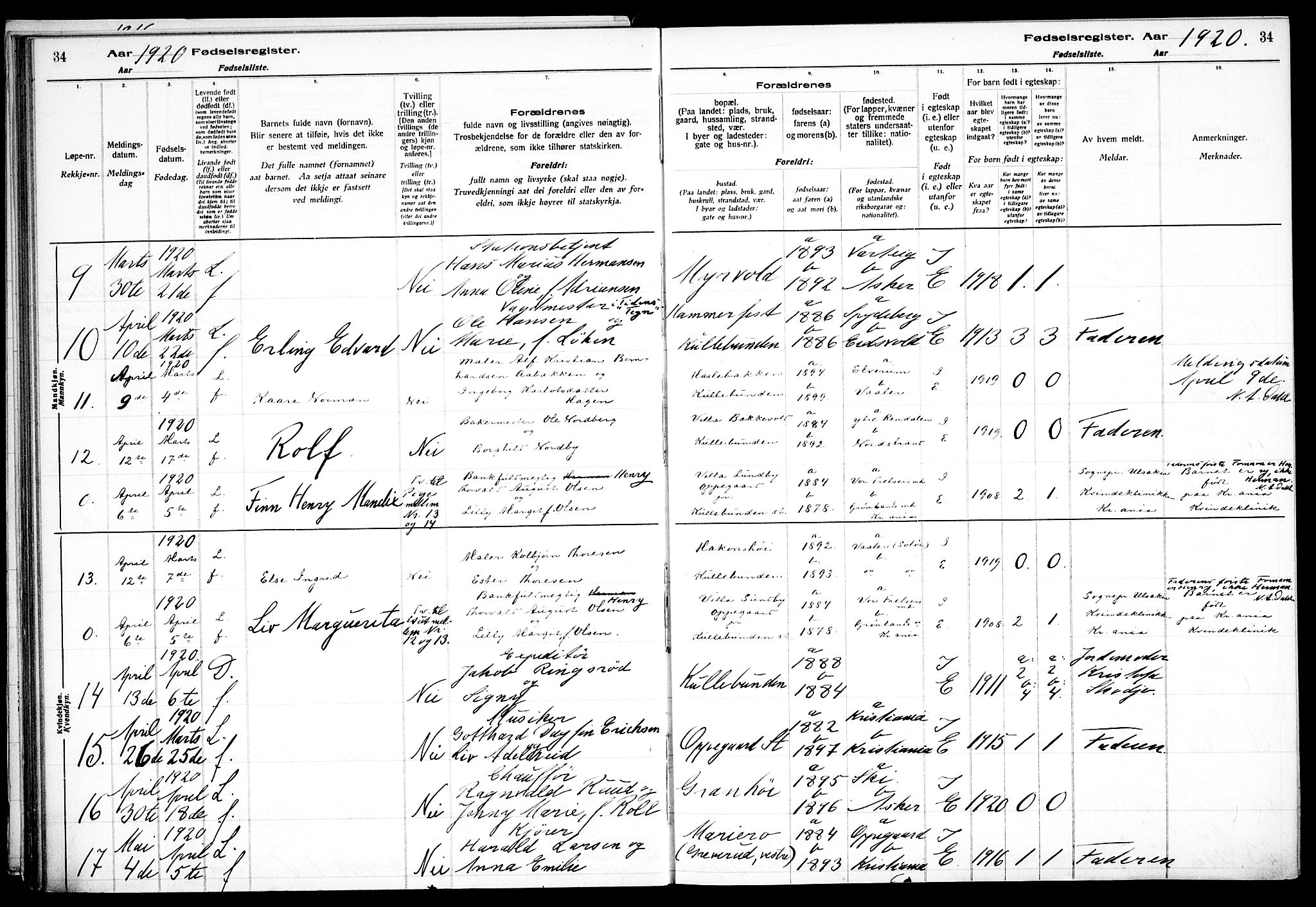 Nesodden prestekontor Kirkebøker, AV/SAO-A-10013/J/Jb/L0001: Fødselsregister nr. II 1, 1916-1933, s. 34