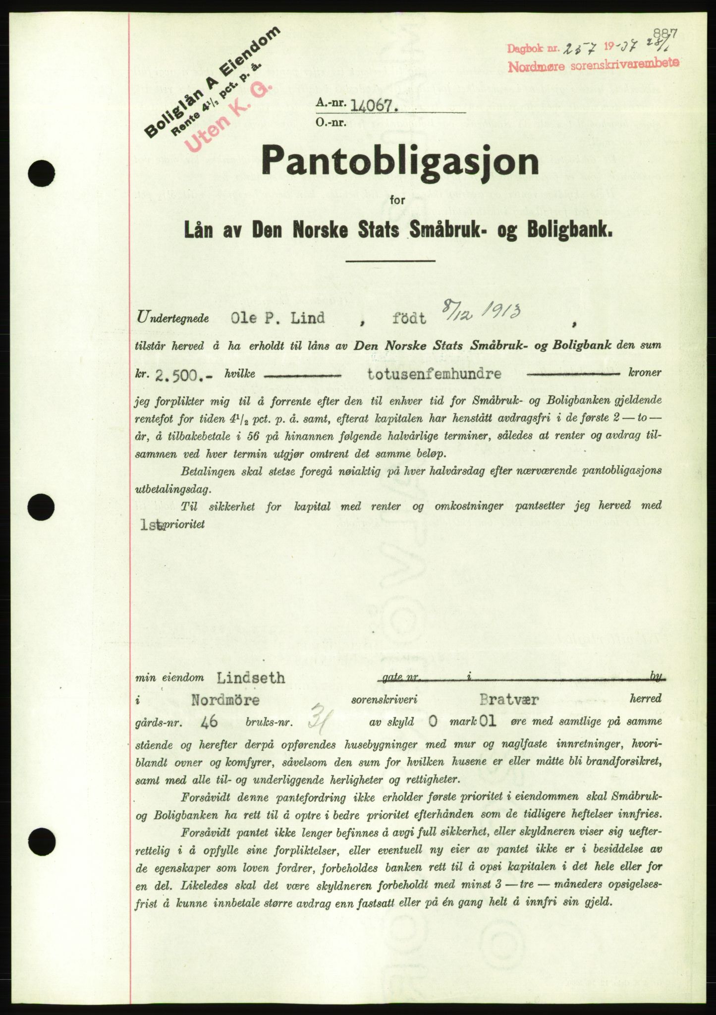 Nordmøre sorenskriveri, AV/SAT-A-4132/1/2/2Ca/L0090: Pantebok nr. B80, 1936-1937, Dagboknr: 257/1937