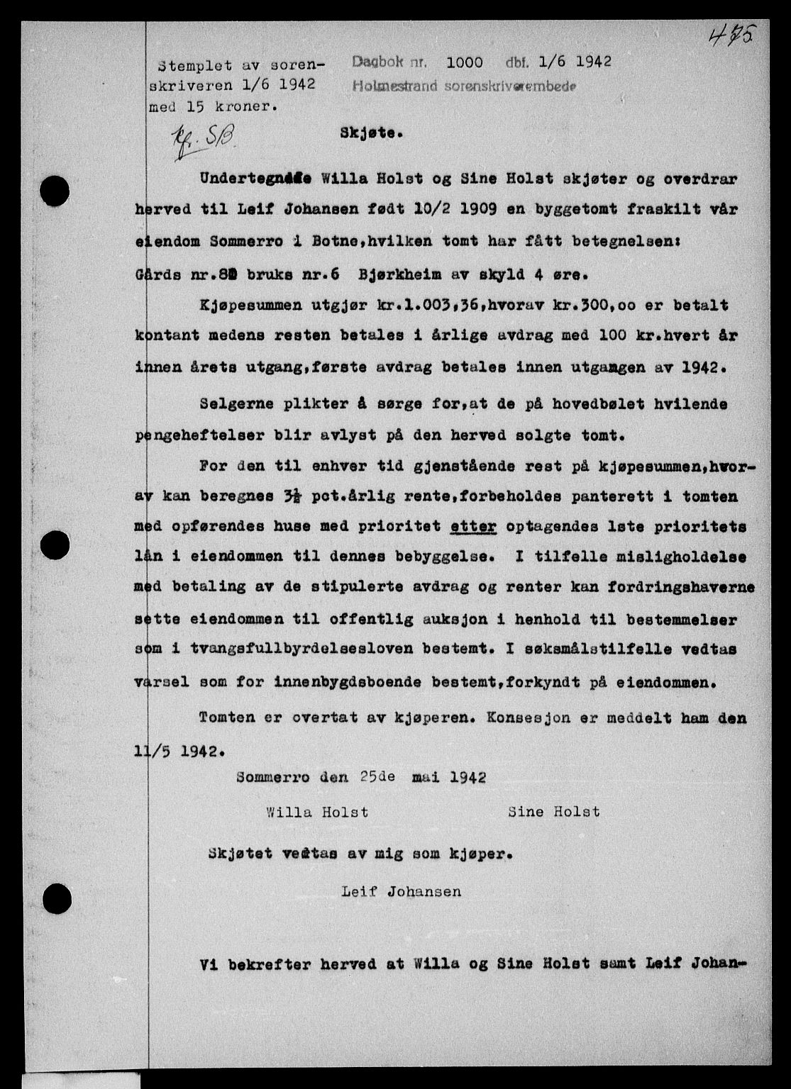 Holmestrand sorenskriveri, SAKO/A-67/G/Ga/Gaa/L0055: Pantebok nr. A-55, 1942-1942, Dagboknr: 1000/1942
