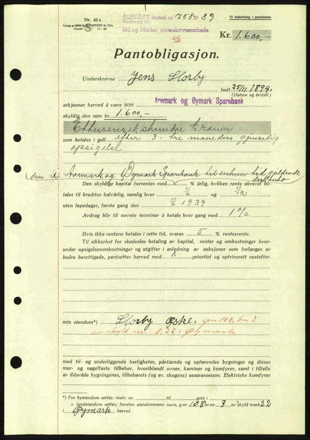 Idd og Marker sorenskriveri, AV/SAO-A-10283/G/Gb/Gbc/L0002: Pantebok nr. B4-9a, 1939-1945, Dagboknr: 758/1939