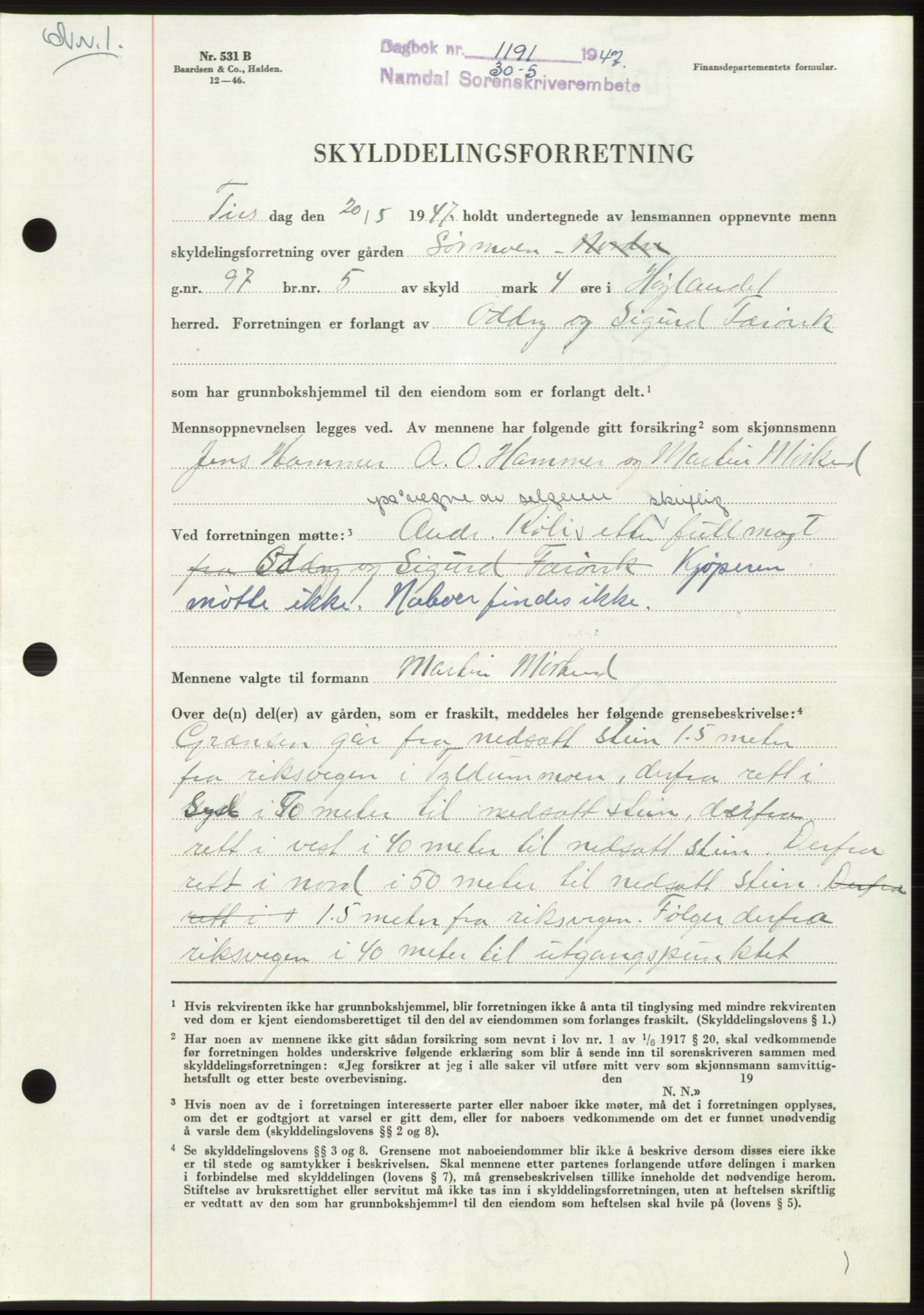 Namdal sorenskriveri, SAT/A-4133/1/2/2C: Pantebok nr. -, 1947-1947, Dagboknr: 1191/1947