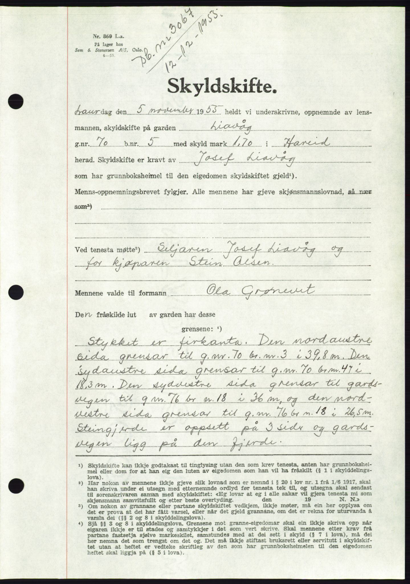 Søre Sunnmøre sorenskriveri, AV/SAT-A-4122/1/2/2C/L0102: Pantebok nr. 28A, 1955-1956, Dagboknr: 3067/1955