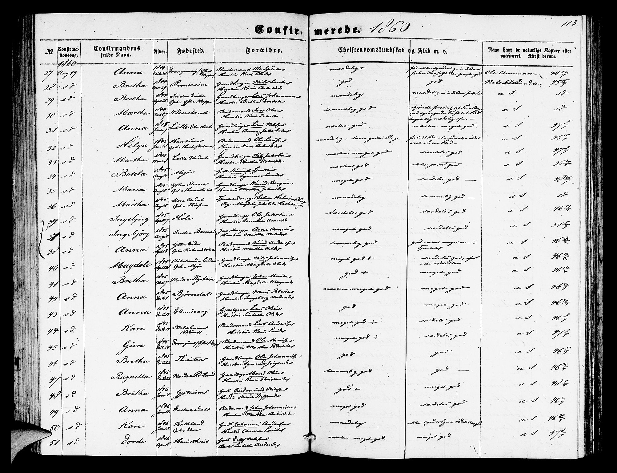 Hosanger sokneprestembete, AV/SAB-A-75801/H/Hab: Klokkerbok nr. A 2, 1857-1881, s. 113