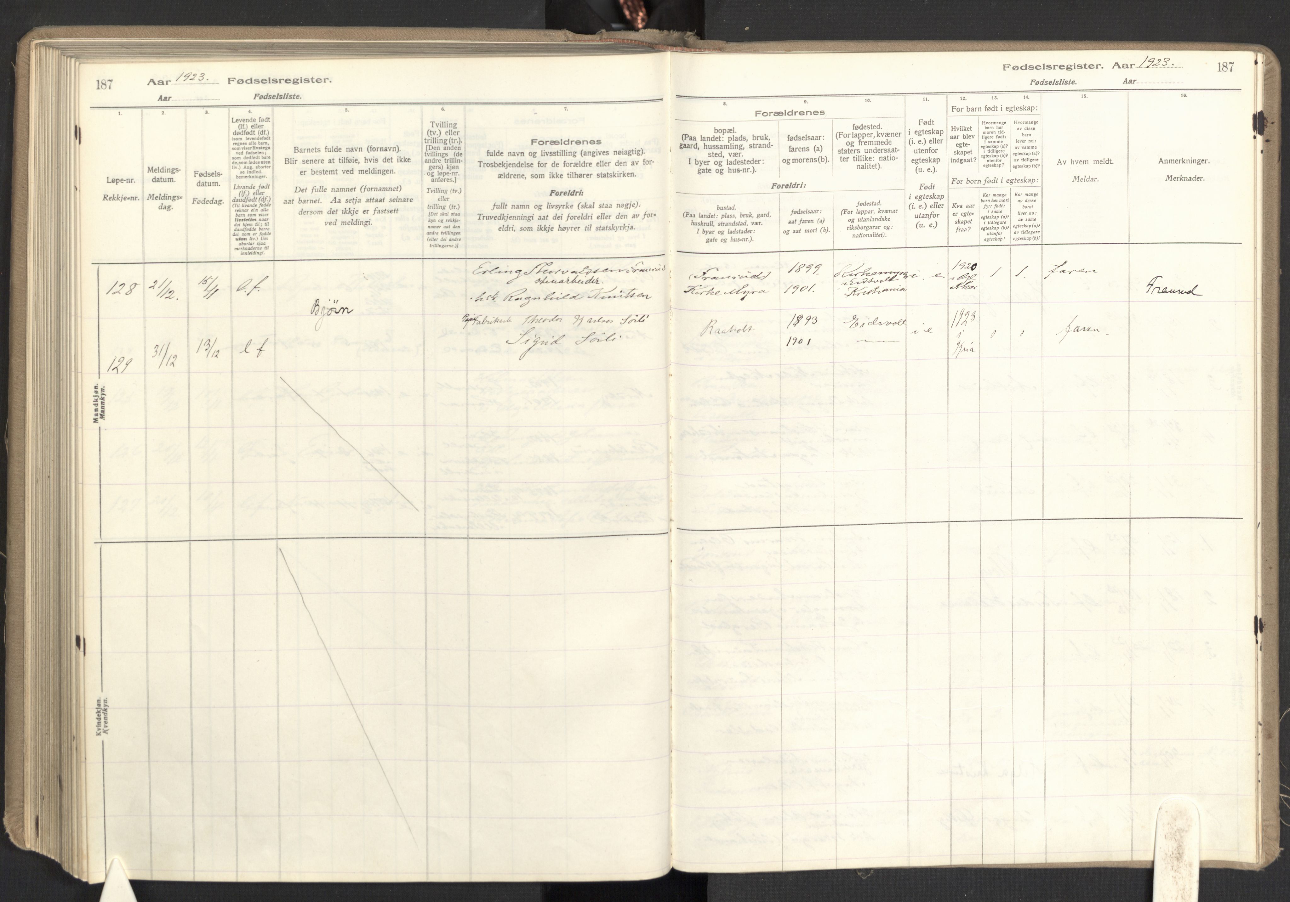 Eidsvoll prestekontor Kirkebøker, AV/SAO-A-10888/J/Ja/L0001: Fødselsregister nr. I 1, 1916-1924, s. 187