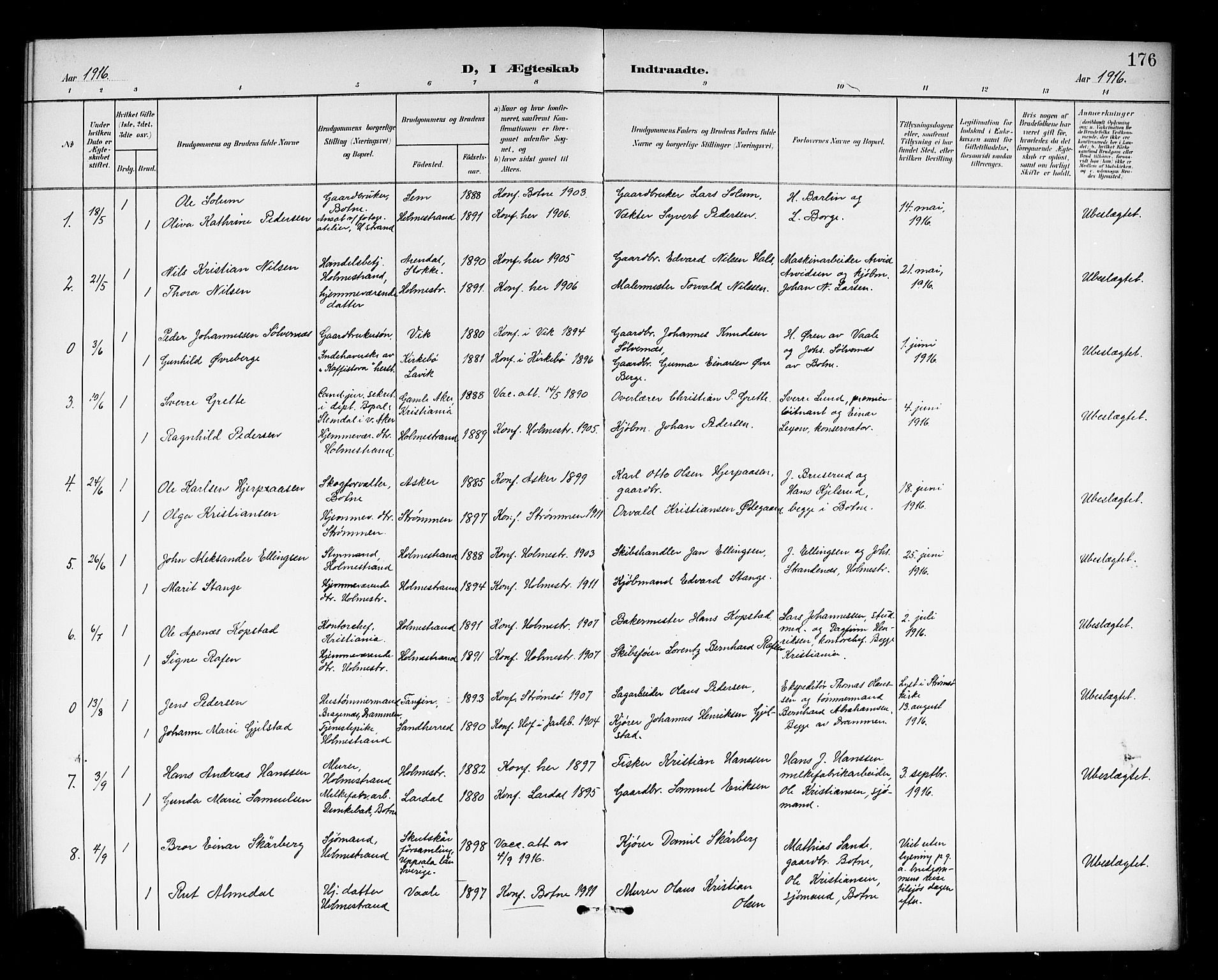 Holmestrand kirkebøker, AV/SAKO-A-346/G/Ga/L0006: Klokkerbok nr. 6, 1901-1923, s. 176