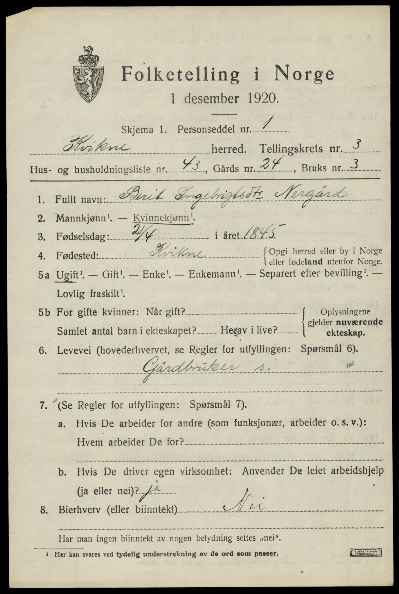 SAH, Folketelling 1920 for 0440 Kvikne herred, 1920, s. 1598
