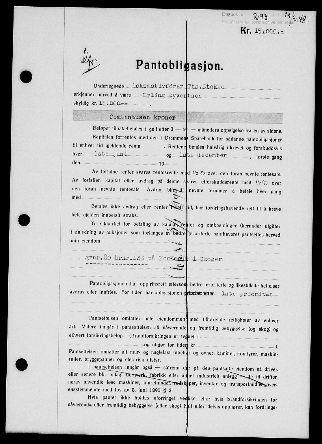 Holmestrand sorenskriveri, SAKO/A-67/G/Ga/Gab/L0058: Pantebok nr. B-58, 1947-1948, Dagboknr: 293/1948