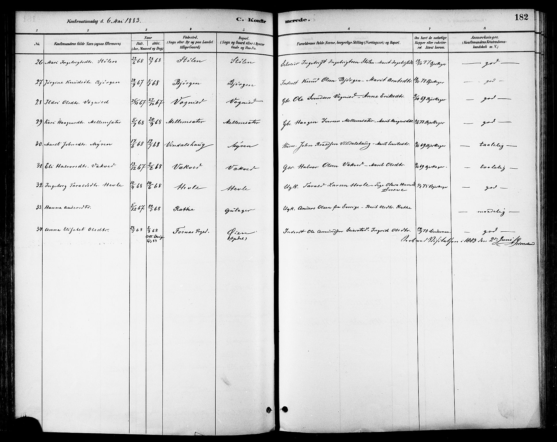 Ministerialprotokoller, klokkerbøker og fødselsregistre - Sør-Trøndelag, SAT/A-1456/678/L0901: Ministerialbok nr. 678A10, 1881-1894, s. 182