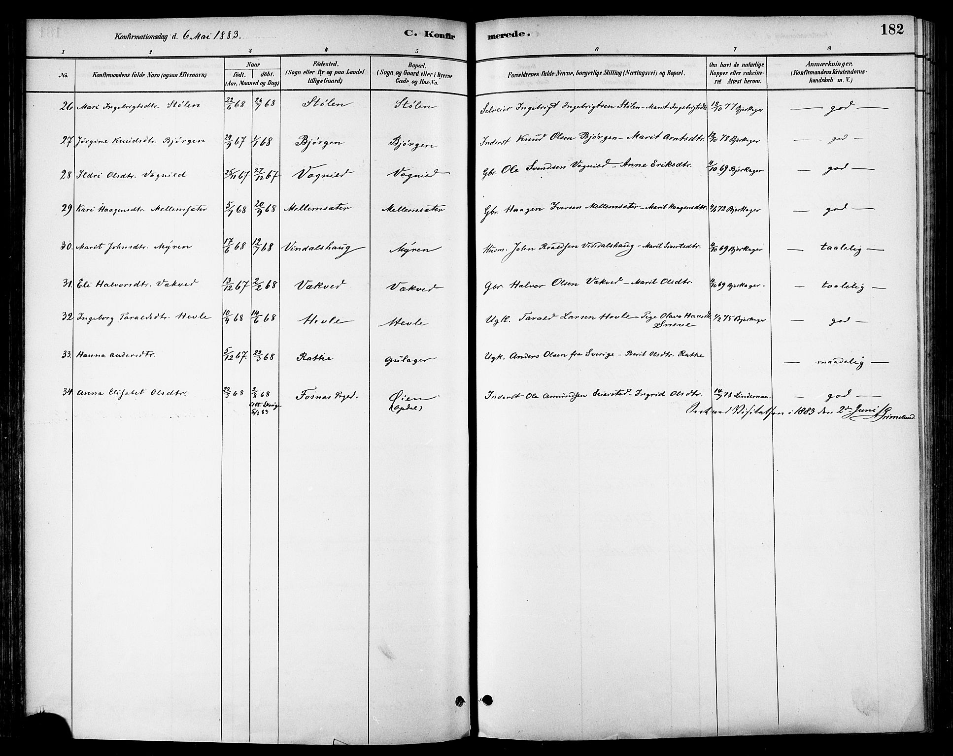 Ministerialprotokoller, klokkerbøker og fødselsregistre - Sør-Trøndelag, AV/SAT-A-1456/678/L0901: Ministerialbok nr. 678A10, 1881-1894, s. 182