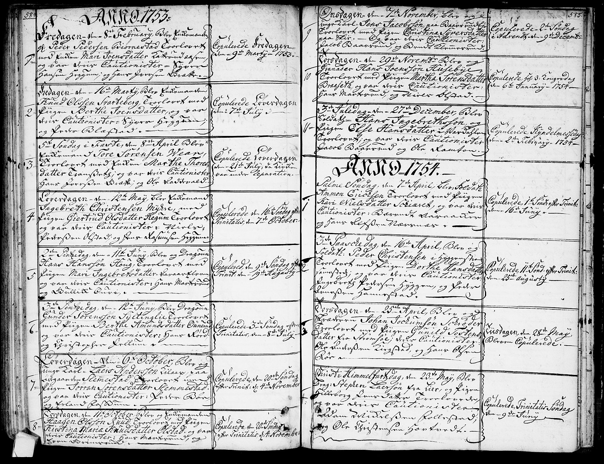 Røyken kirkebøker, SAKO/A-241/G/Ga/L0001: Klokkerbok nr. 1, 1740-1768, s. 584-585