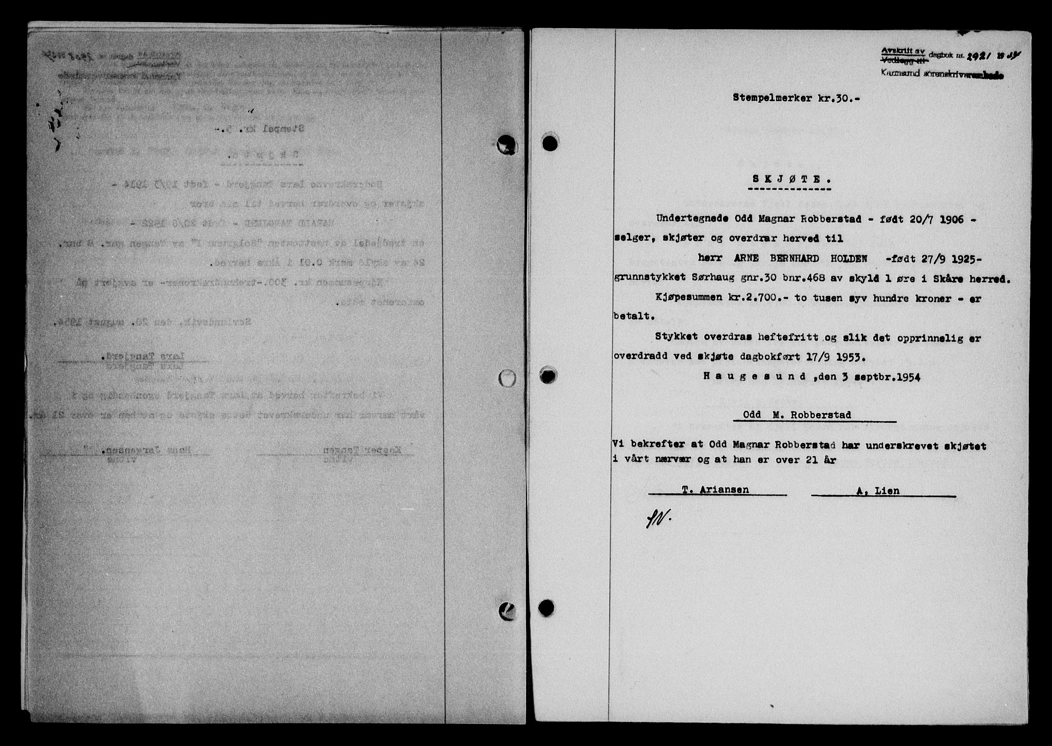 Karmsund sorenskriveri, SAST/A-100311/01/II/IIB/L0113: Pantebok nr. 93A, 1954-1954, Dagboknr: 2921/1954