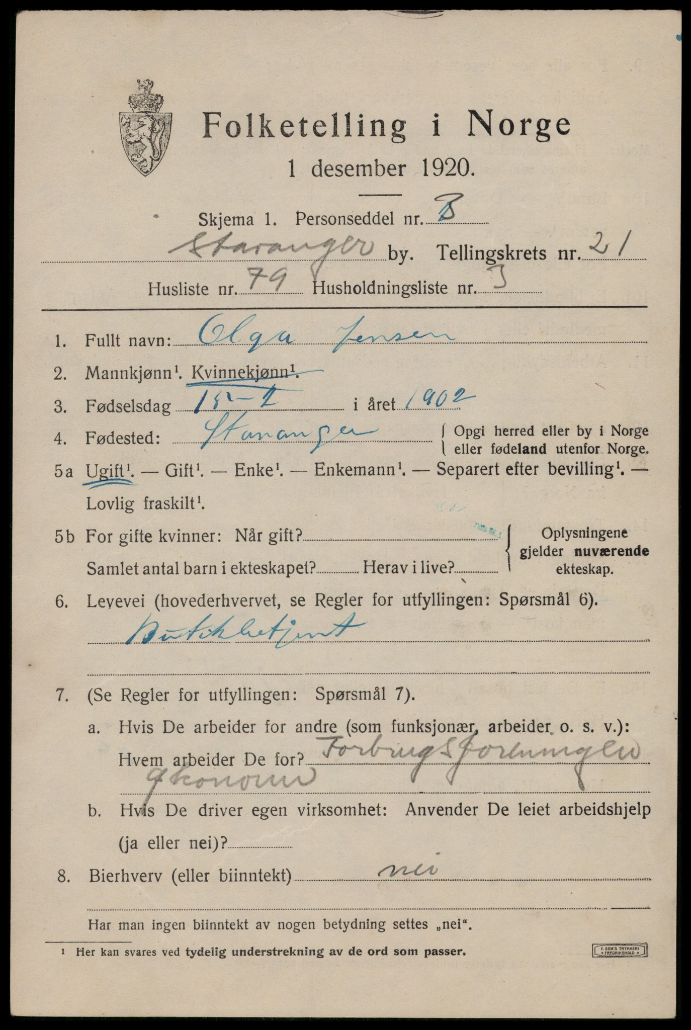 SAST, Folketelling 1920 for 1103 Stavanger kjøpstad, 1920, s. 73136