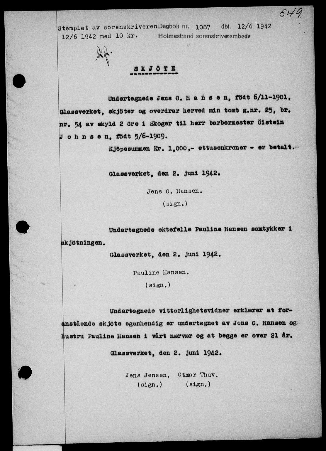 Holmestrand sorenskriveri, SAKO/A-67/G/Ga/Gaa/L0055: Pantebok nr. A-55, 1942-1942, Dagboknr: 1087/1942