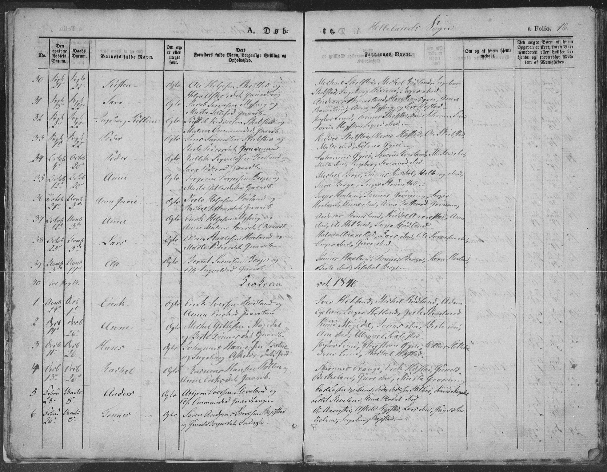 Helleland sokneprestkontor, SAST/A-101810: Ministerialbok nr. A 6.1, 1834-1863, s. 16