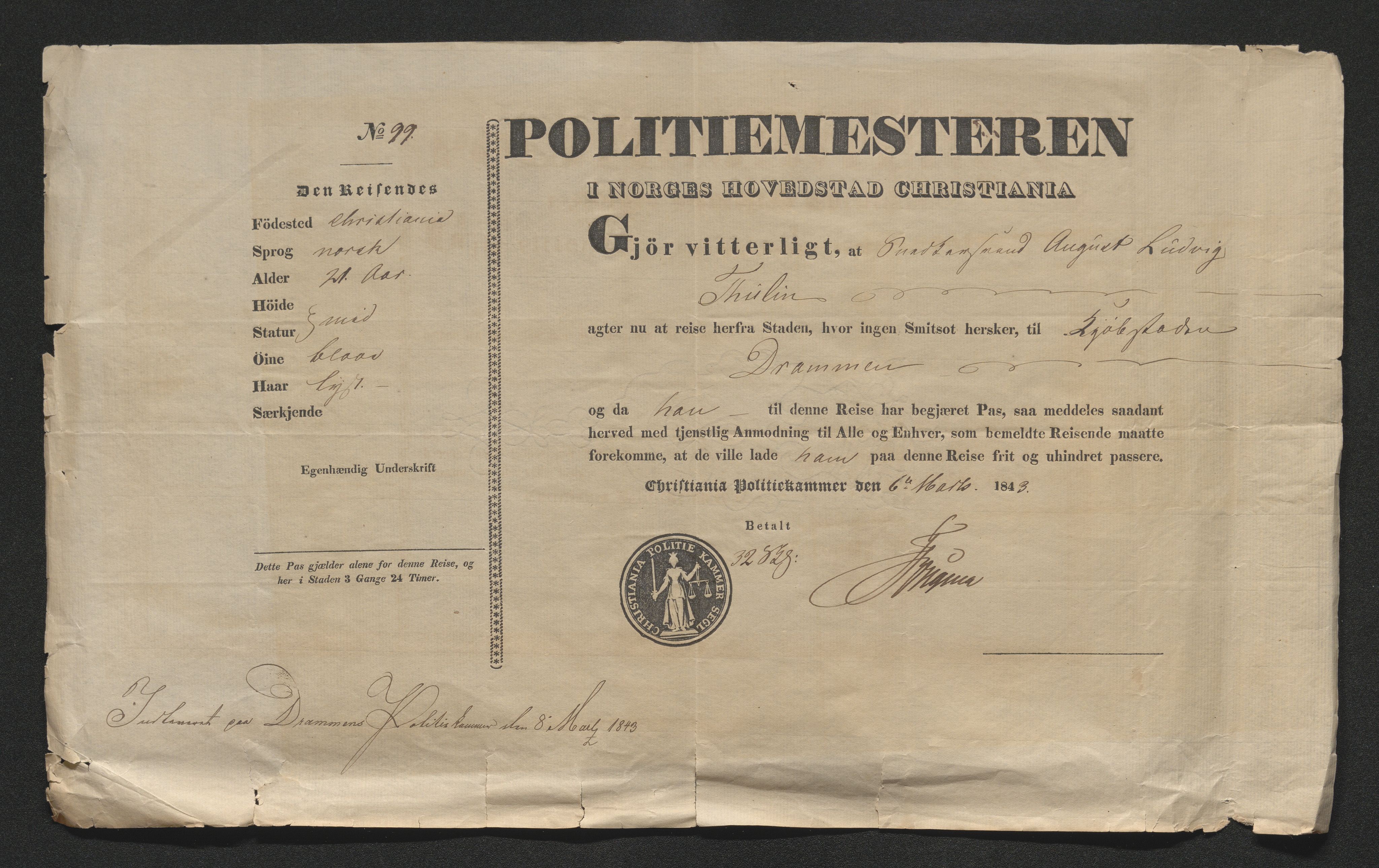 Drammen politikammer, AV/SAKO-A-623/I/Ia/Iab/L0007: Innleverte pass, 1843-1844, s. 71