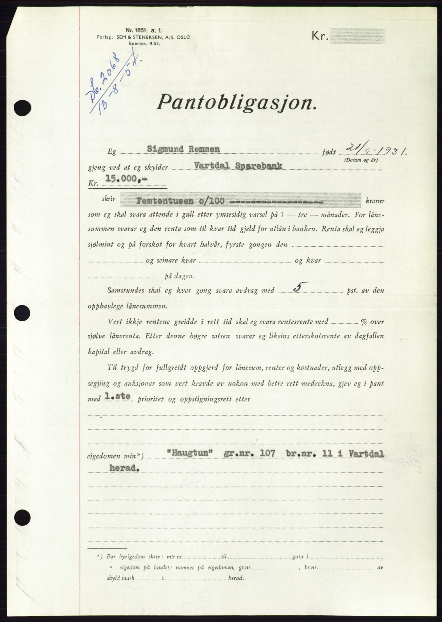 Søre Sunnmøre sorenskriveri, SAT/A-4122/1/2/2C/L0125: Pantebok nr. 13B, 1954-1954, Dagboknr: 2068/1954