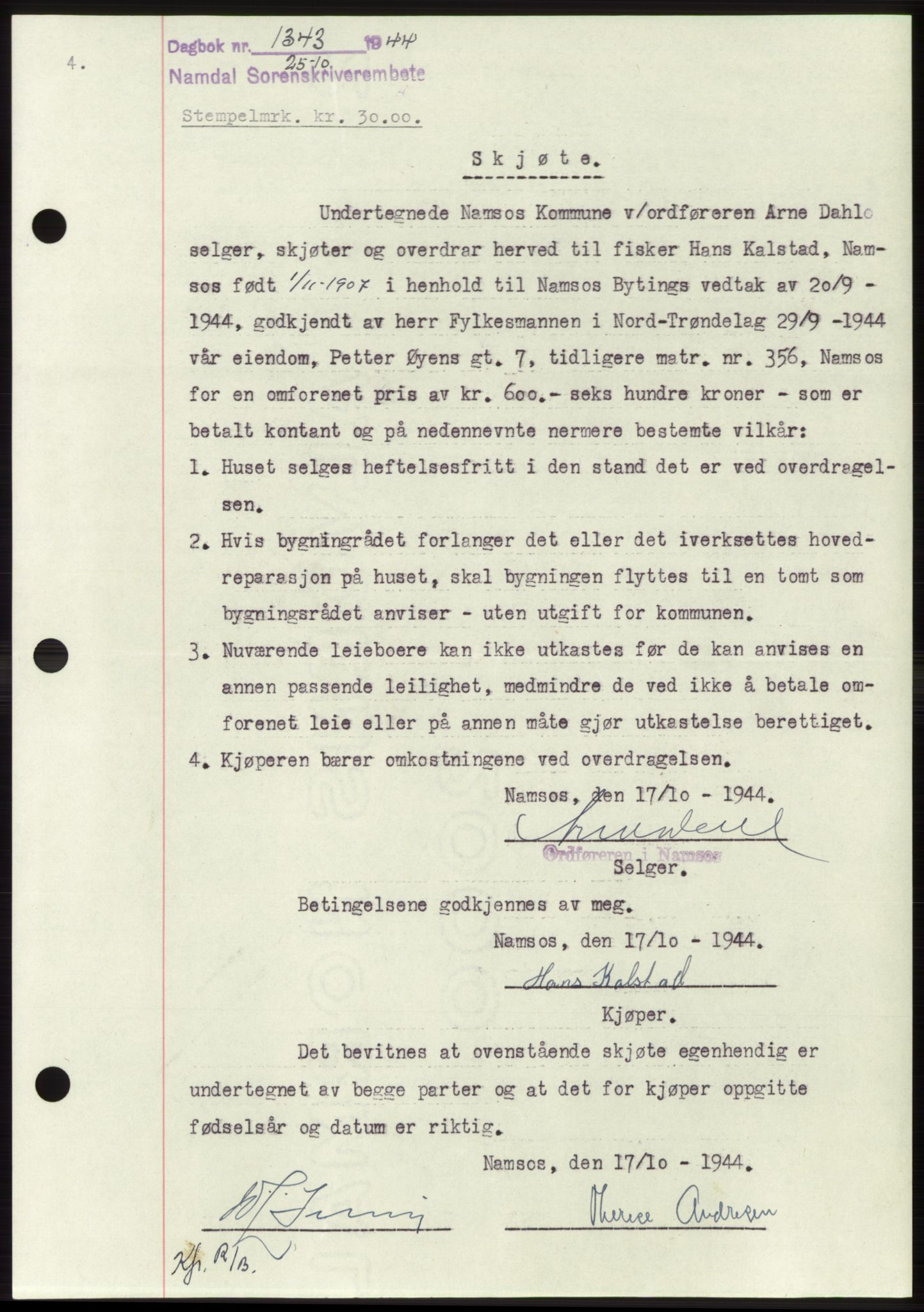 Namdal sorenskriveri, SAT/A-4133/1/2/2C: Pantebok nr. -, 1944-1945, Dagboknr: 1343/1944