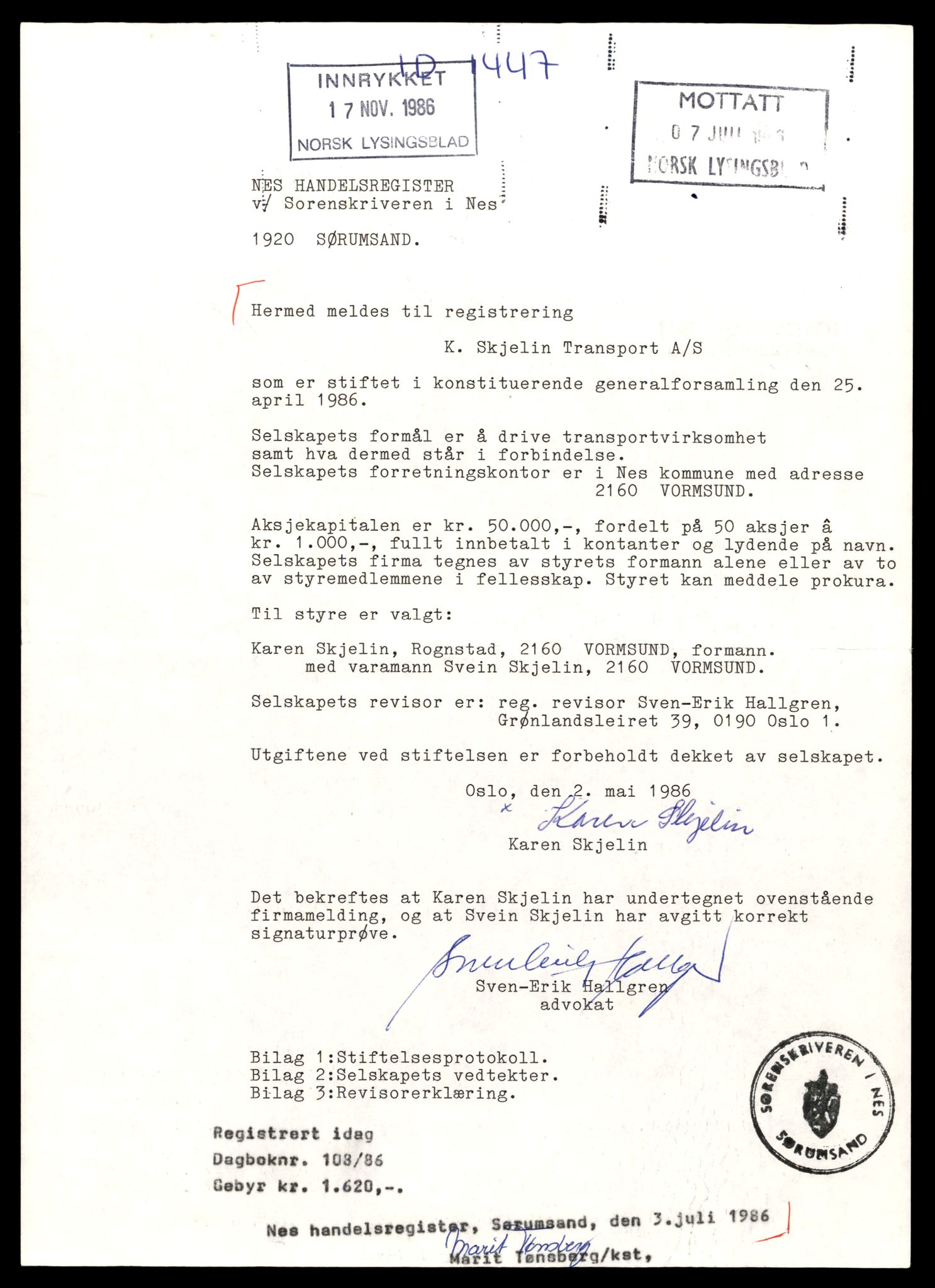 Nes tingrett, AV/SAT-A-10548/K/Ke/Keb/L0020: Aksjeselskap, Skj - Sør, 1944-1990, s. 3