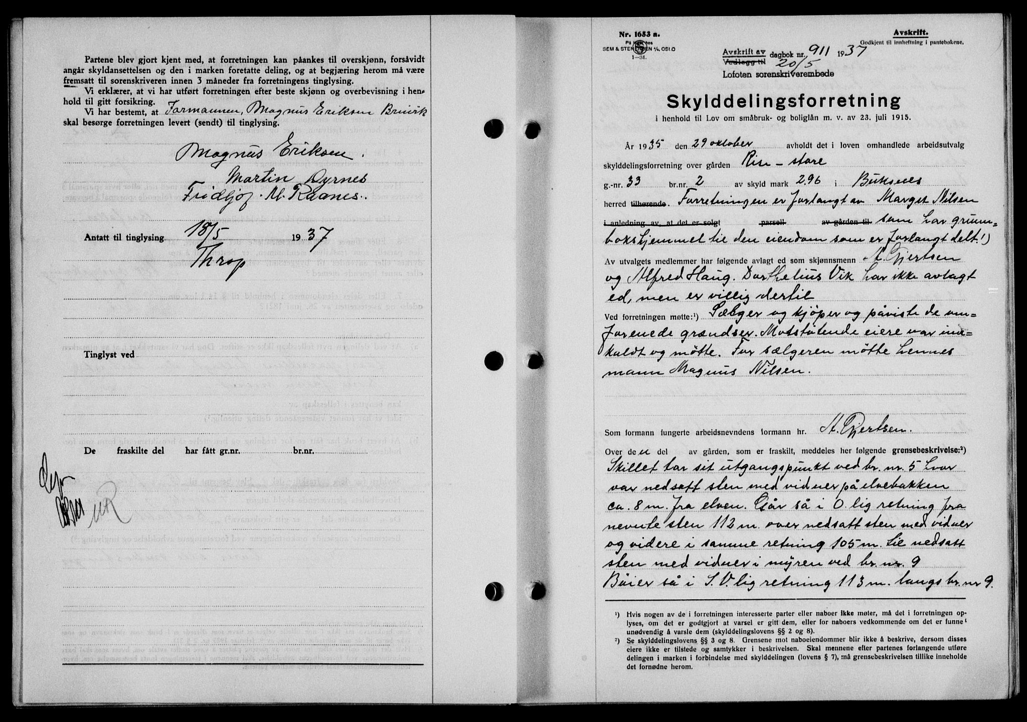 Lofoten sorenskriveri, SAT/A-0017/1/2/2C/L0002a: Pantebok nr. 2a, 1937-1937, Dagboknr: 911/1937