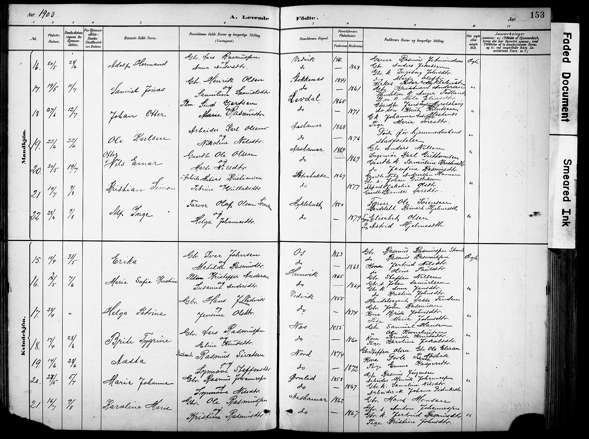 Eid sokneprestembete, AV/SAB-A-82301/H/Hab/Habb/L0002: Klokkerbok nr. B 2, 1882-1907, s. 153