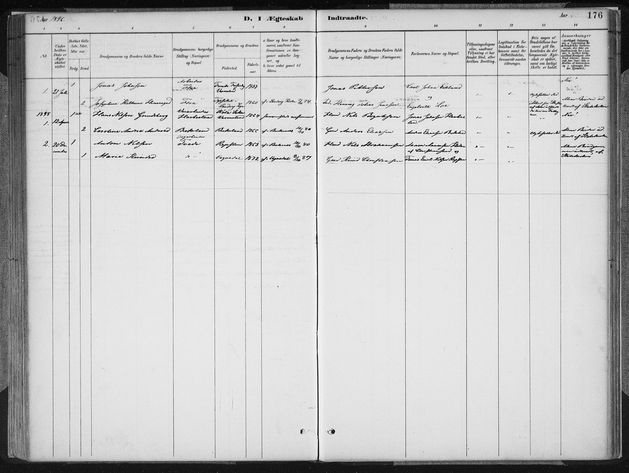 Birkenes sokneprestkontor, SAK/1111-0004/F/Fa/L0005: Ministerialbok nr. A 5, 1887-1907, s. 176