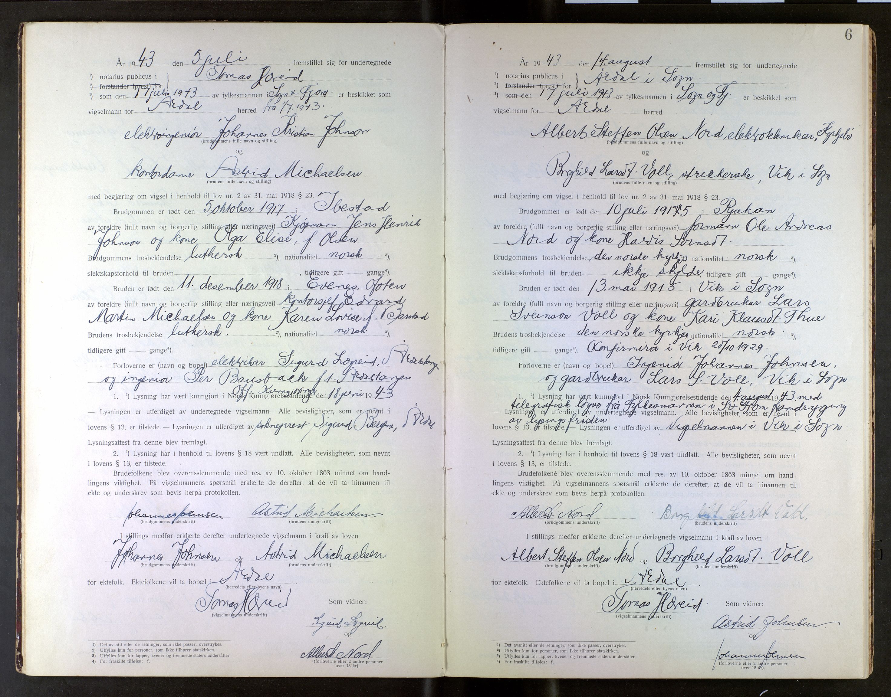 Indre Sogn tingrett, AV/SAB-A-3301/1/L/La/Lab/L0001: Vigselsbok Årdal, 1920-1969, s. 6