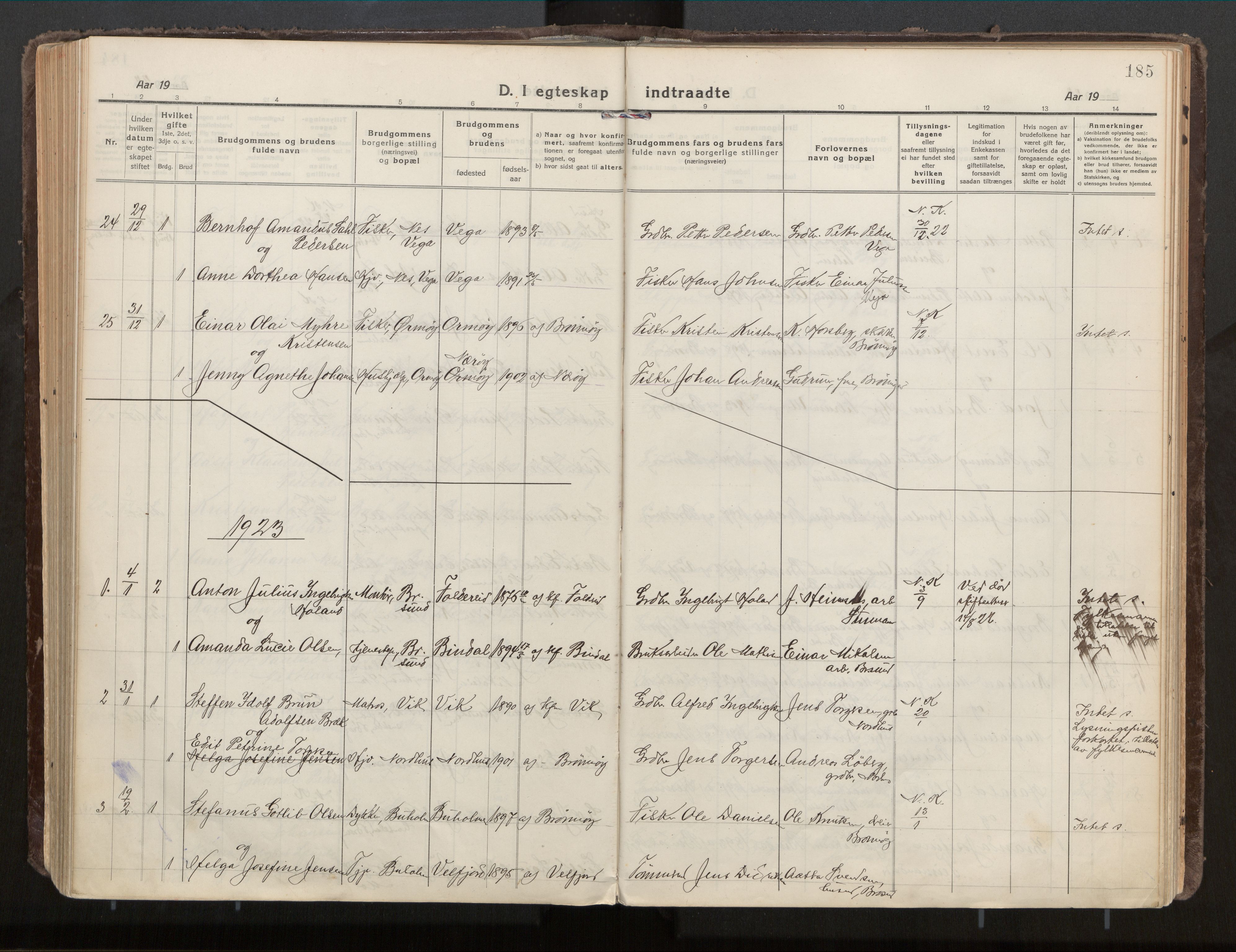 Ministerialprotokoller, klokkerbøker og fødselsregistre - Nordland, AV/SAT-A-1459/813/L0207a: Ministerialbok nr. 813A18, 1919-1927, s. 185