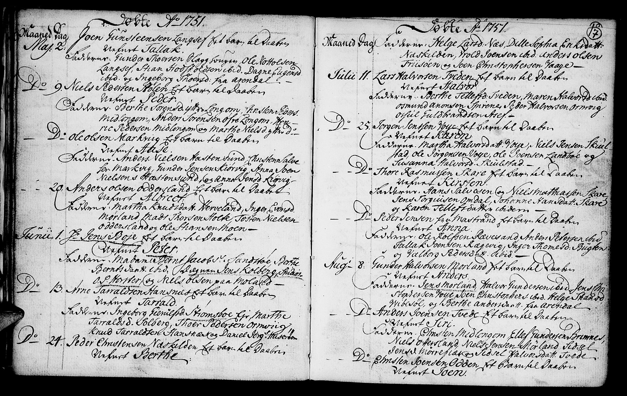 Austre Moland sokneprestkontor, SAK/1111-0001/F/Fa/Faa/L0001: Ministerialbok nr. A 1, 1747-1764, s. 17