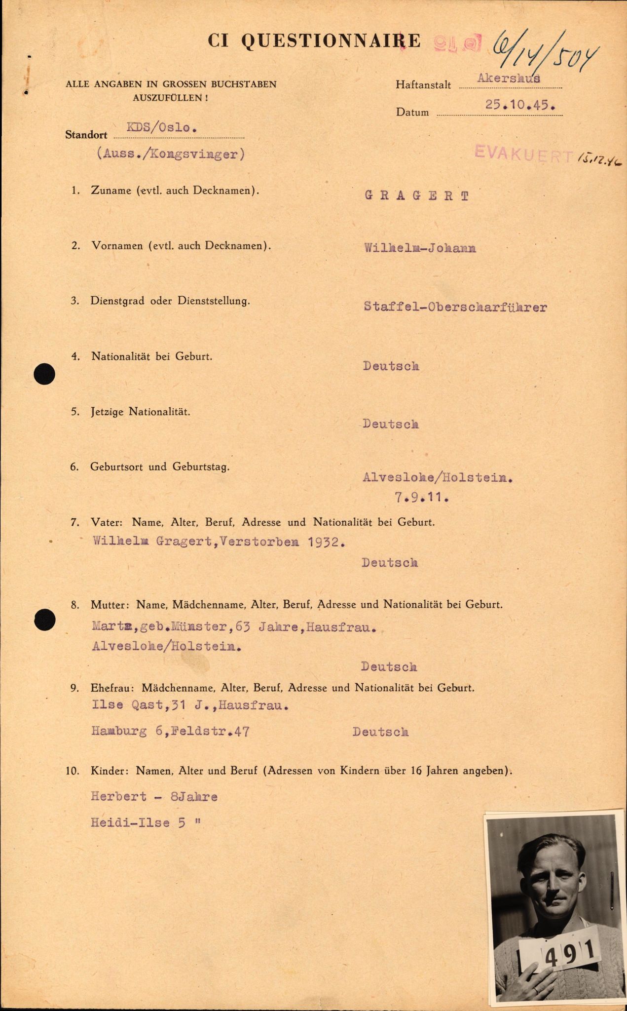 Forsvaret, Forsvarets overkommando II, RA/RAFA-3915/D/Db/L0010: CI Questionaires. Tyske okkupasjonsstyrker i Norge. Tyskere., 1945-1946, s. 113